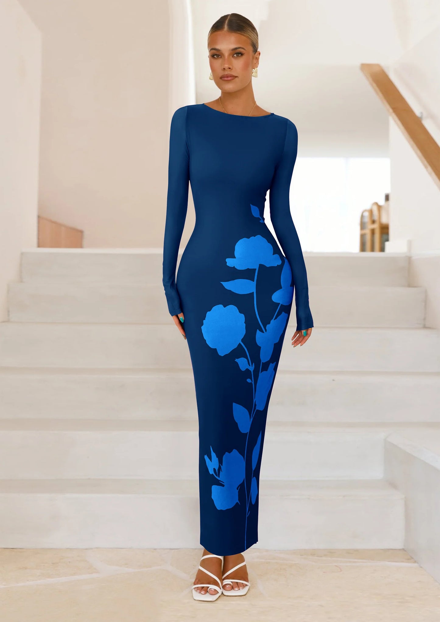 Bodycon Maxi Dress Fall Floral Long Sleeve Sexy Mesh Cocktail Wedding Guest Long Dresses