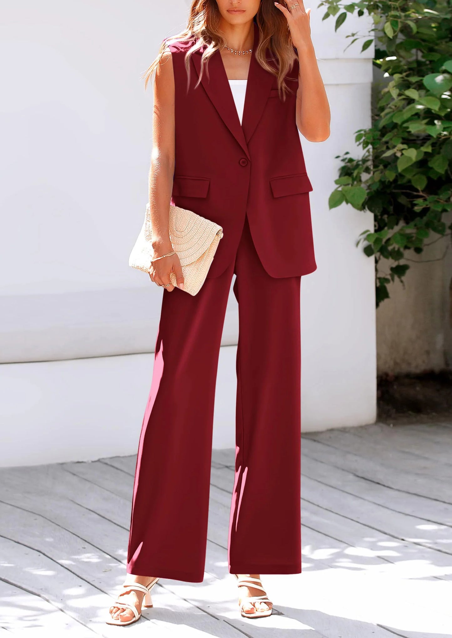 Women's 2 Piece Outfits Sleeveless Suit Vest and Wide Leg Pants Business Casual Blazer Sets