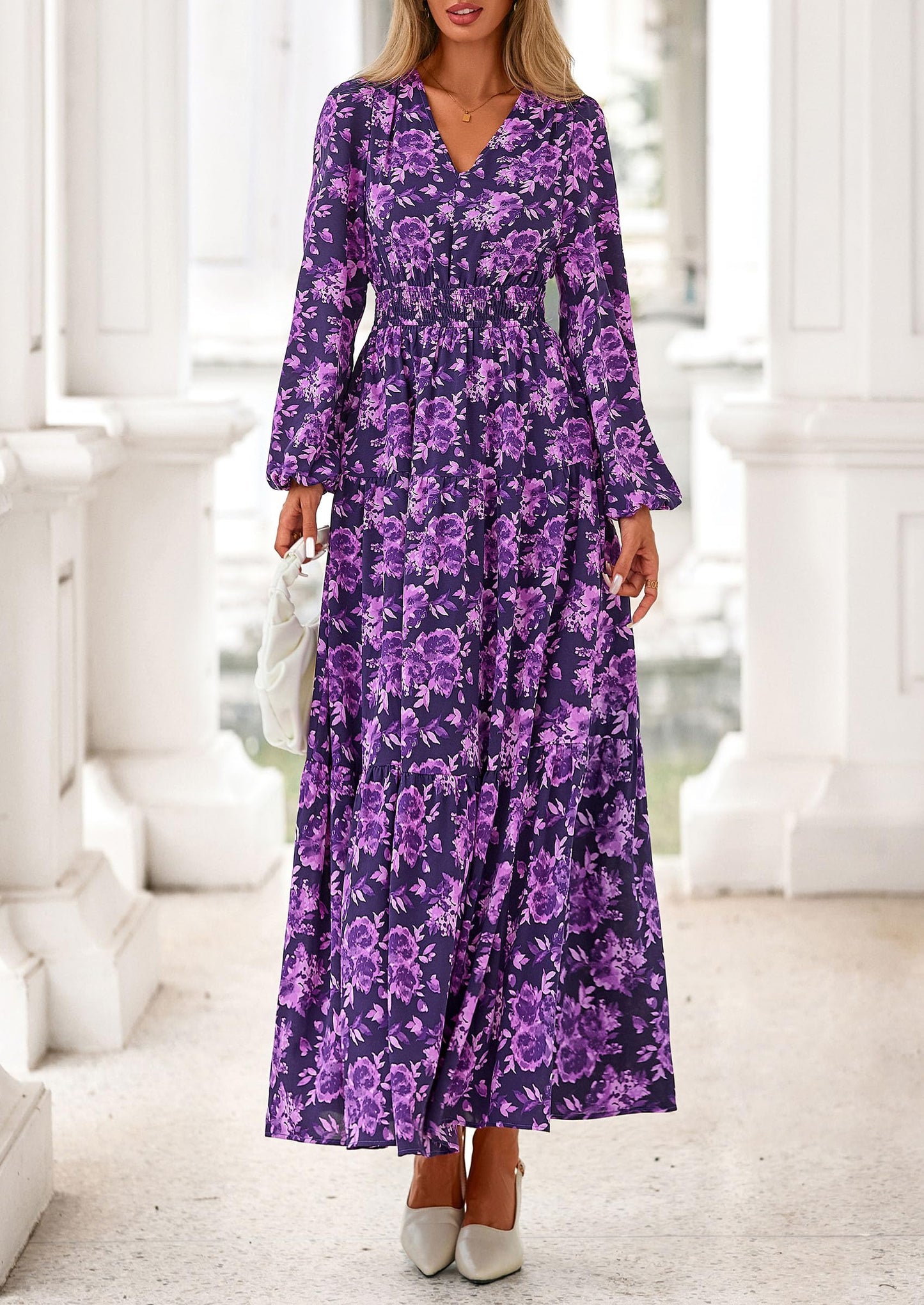 Long Sleeve Maxi Fall Dresses for Women Vneck Smocked Boho Floral Tiered Swing Flowy Wedding Guest Dress