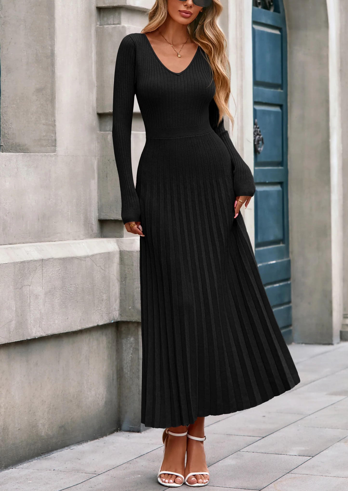 Women Sweater Dress Fall Fashion Long Sleeve V Neck Ribbed Knit Pleated A Line Elegant Maxi Winter Dresses