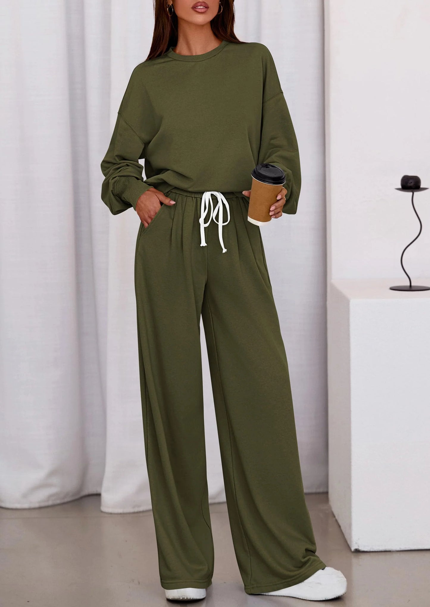 Womens 2 Piece Sets Long Sleeve Sweatshirt Wide Leg Pants Loose Matching Lounge Set Trendy Fall Outfits