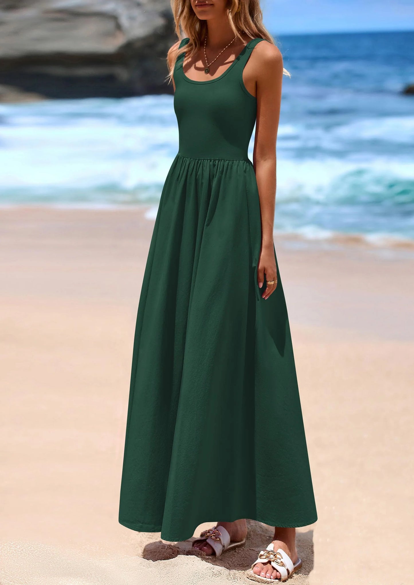 Womens Summer Casual Scoop Neck Sleeveless Long Dresses Tank Top Patchwork Aline Swing Maxi Dress with Pockets