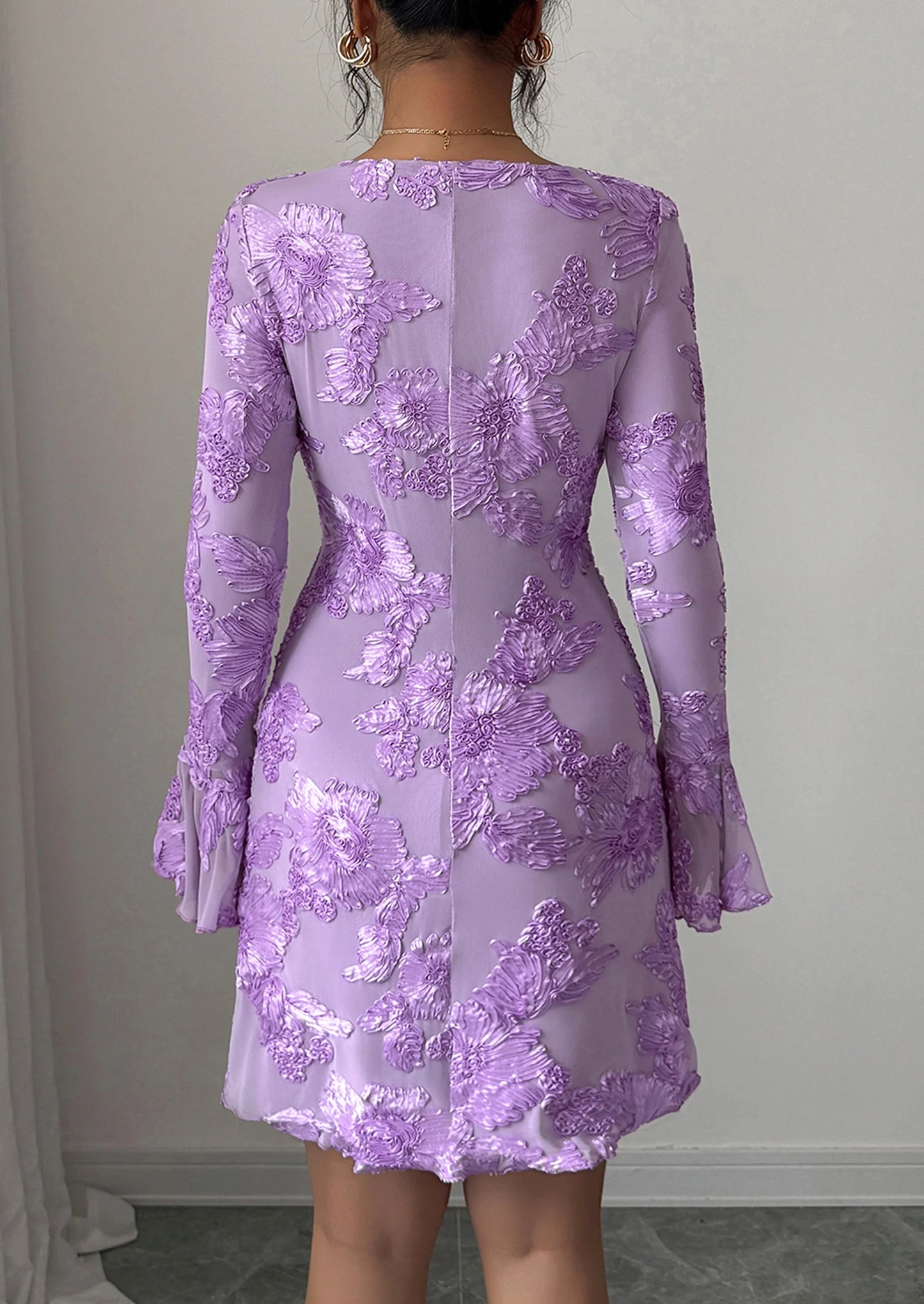 Women's Floral Embroidered Dress Fall Long Bell Sleeve Ribbon Flower Mini Short Mesh Bodycon Party Dresses