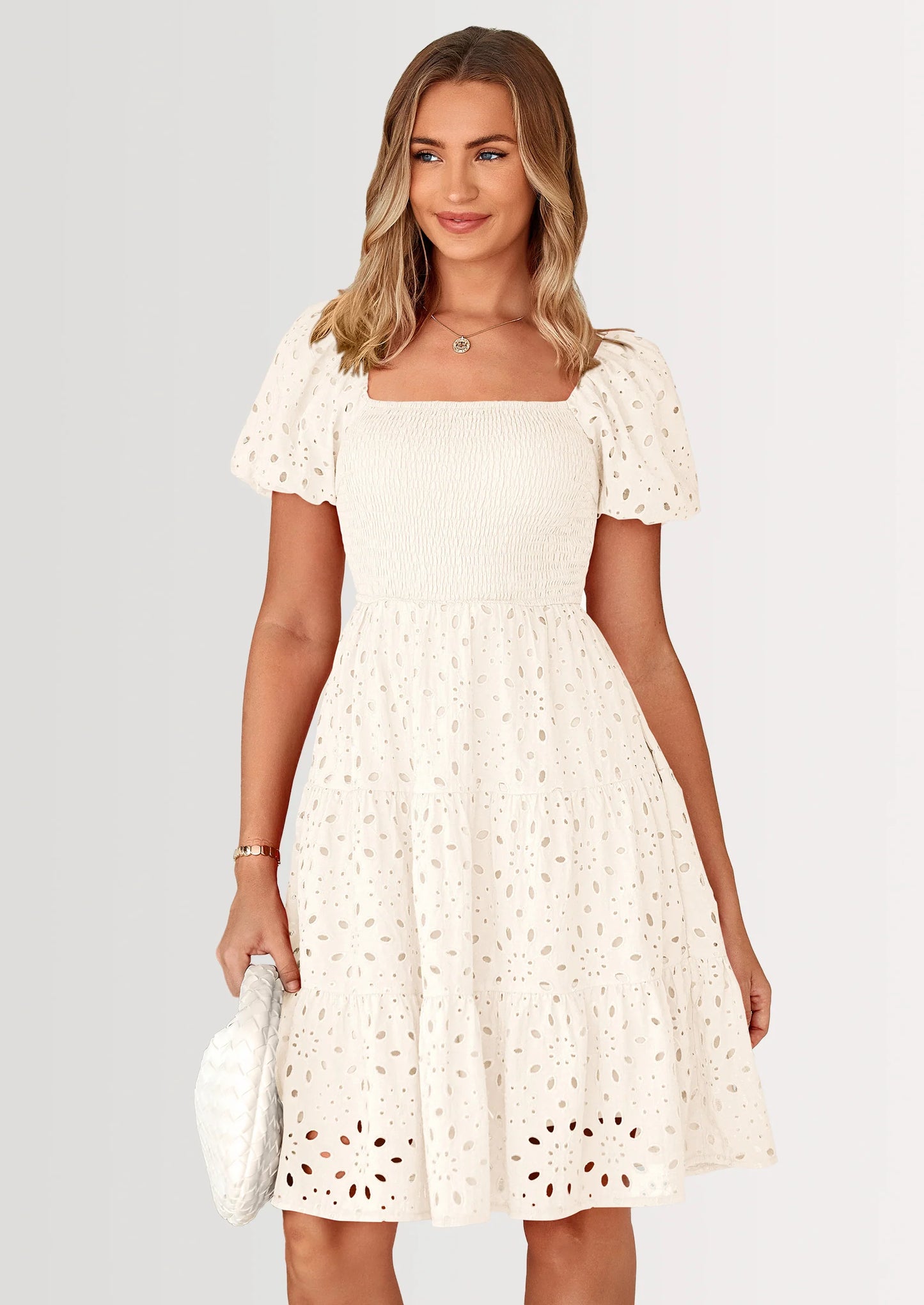 Womens Summer Puff Sleeve Mini Dress Off Shoulder Eyelet Smocked A Line Casual Babydoll Short Dresses