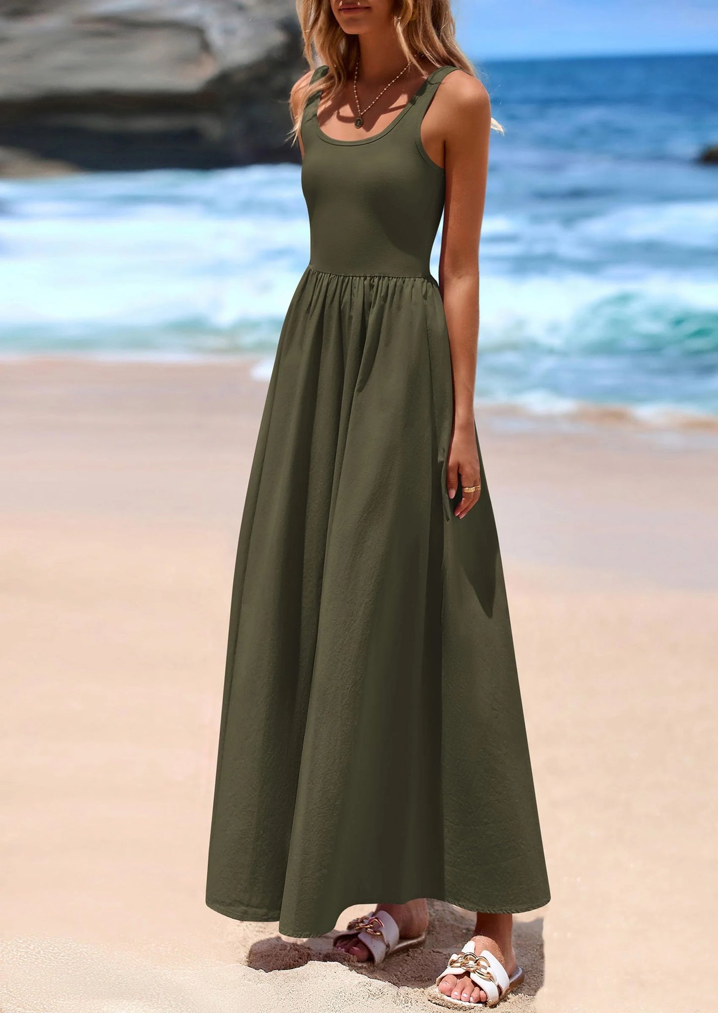 Womens Summer Casual Scoop Neck Sleeveless Long Dresses Tank Top Patchwork Aline Swing Maxi Dress with Pockets