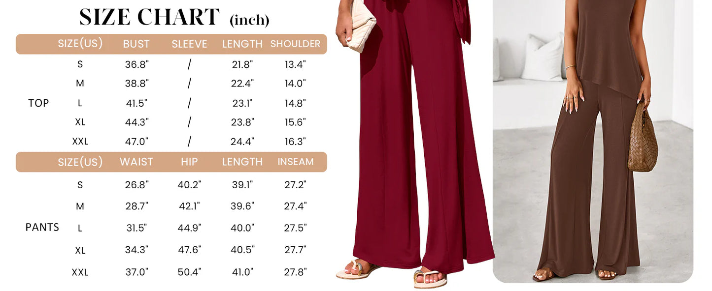 Women's Two Piece Matching Lounge Sets Asymmetrical Split Tank Tops Wide Leg Pants Summer Outfits Tracksuit