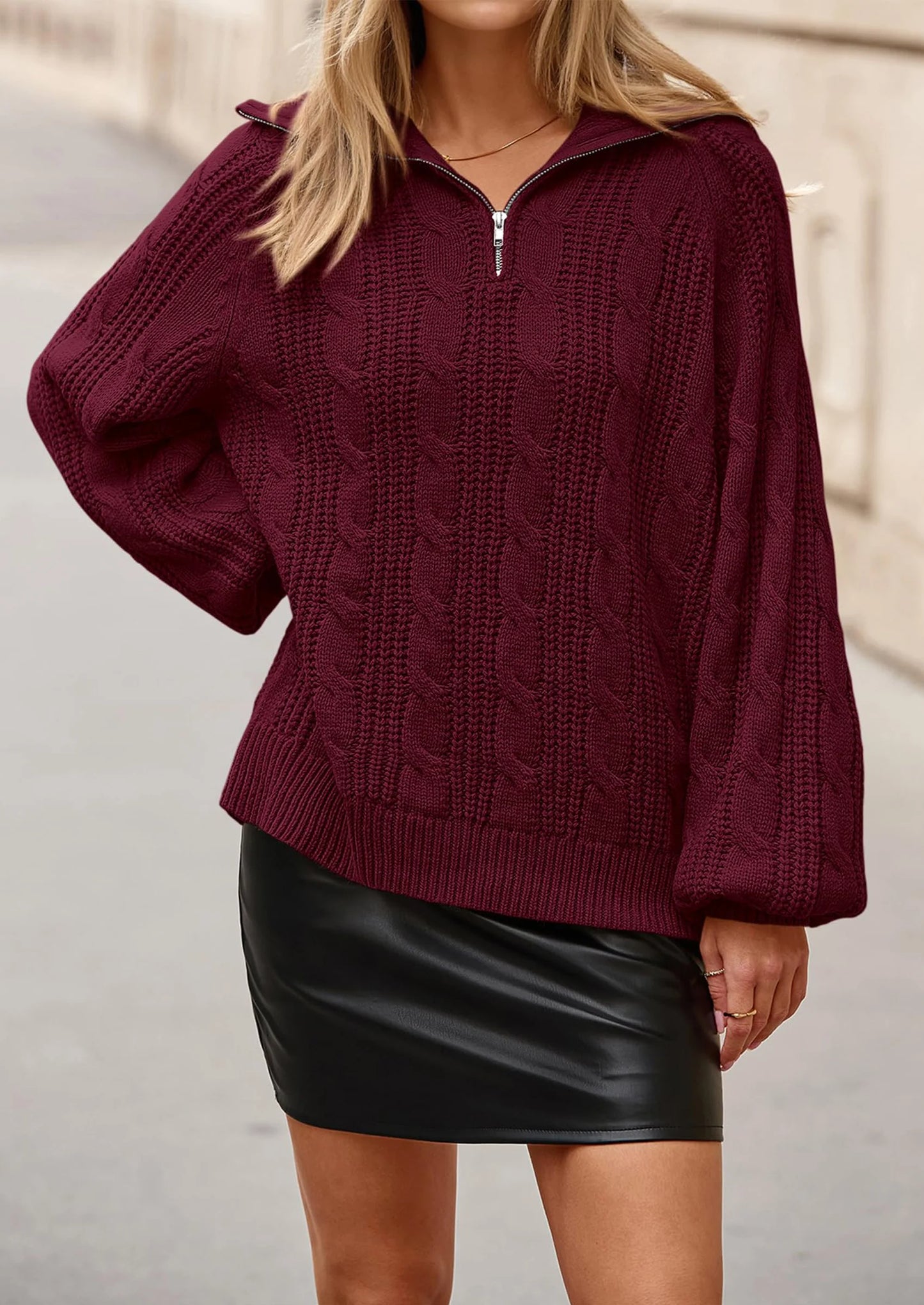 BTFBM Sweaters for Women Fall Fashion Loose Quarter Zip Pullover Collared Long Sleeve Cable Knit Winter Clothes