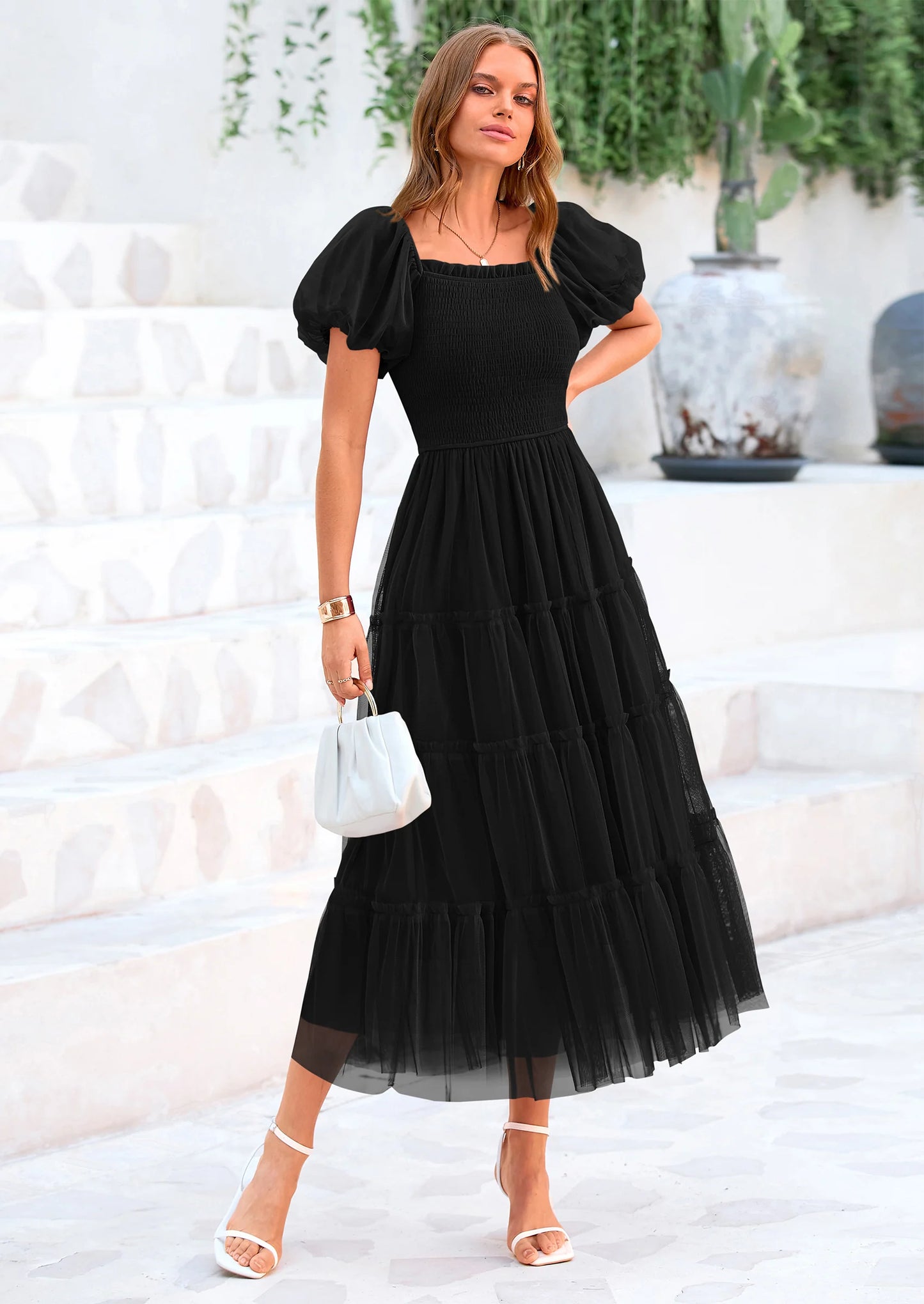Women's Smocked Tulle Midi Dress Square Neck Puffy Short Sleeve Ruffle Wedding Guest Party Dresses