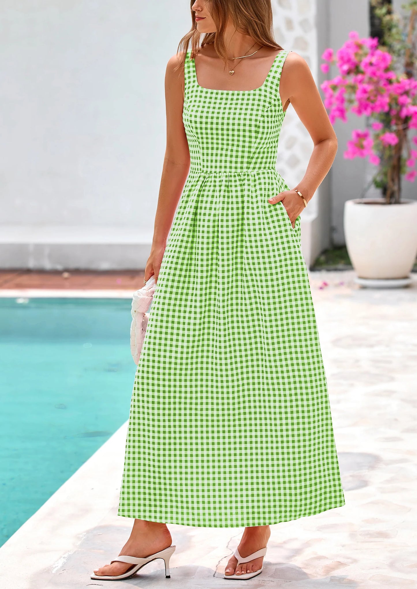 Women's Summer Spaghetti Strap Maxi Dresses Plaid Square Neck A Line Casual Beach Vacation Long Sundress