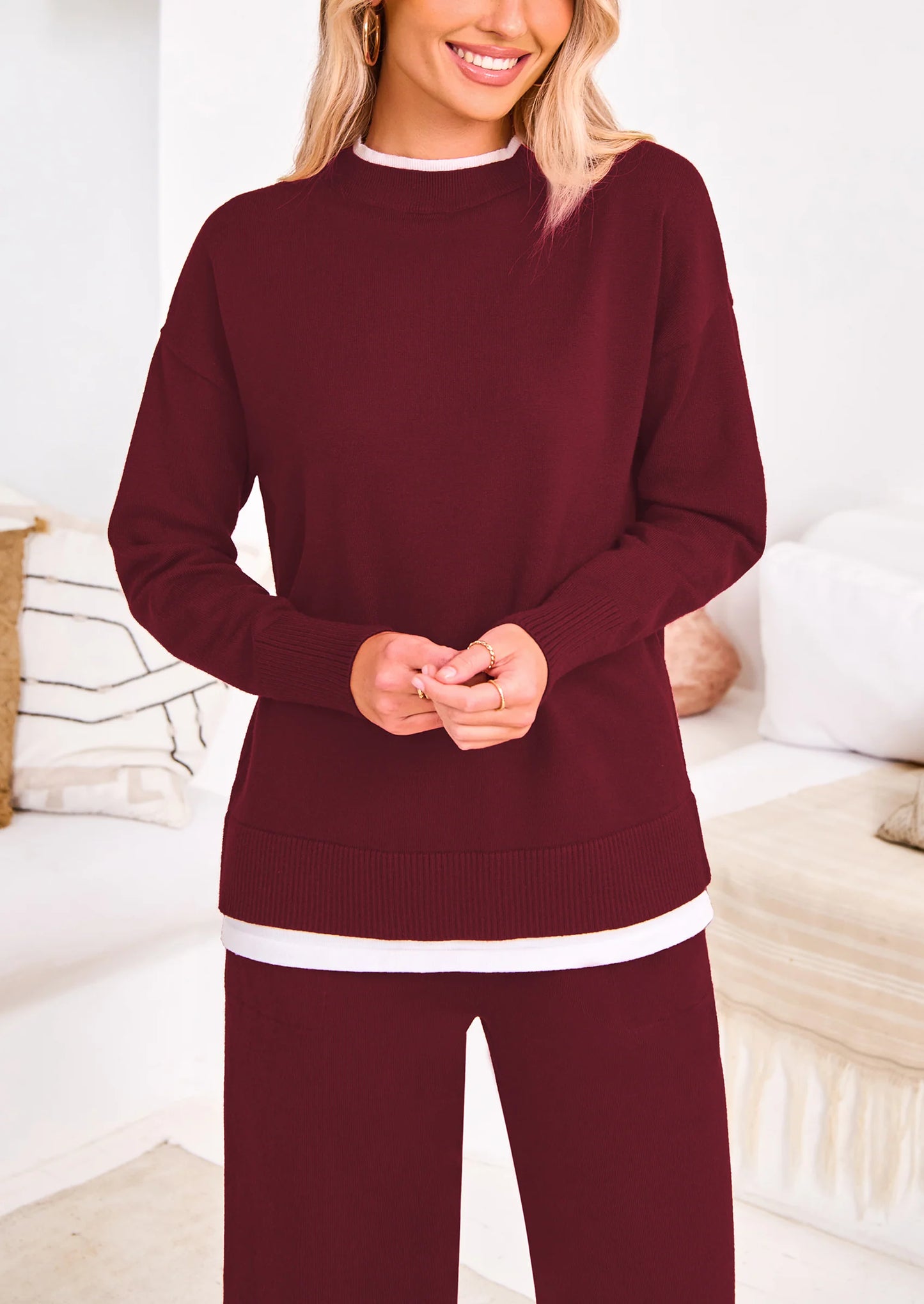 Two Piece Matching Sweater Lounge Sets Knit Long Sleeve Pullover Tops Wide Leg Pants
