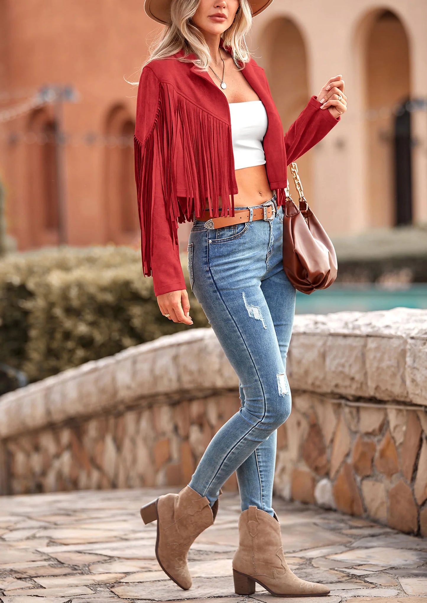 Women's Fringe Faux Suede Leather Jackets Fashion Tassel Motorcycle Cropped Coats