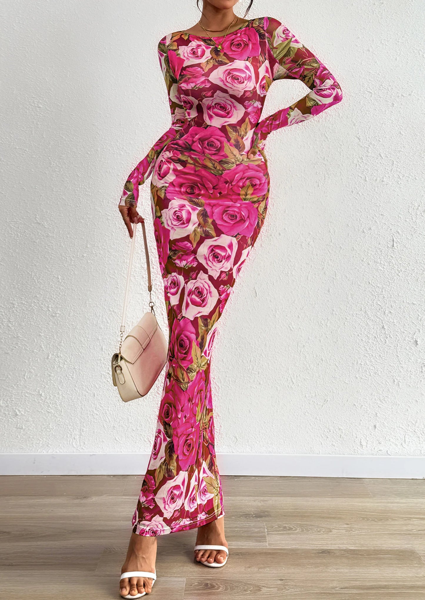Bodycon Maxi Dress Fall Floral Long Sleeve Sexy Mesh Cocktail Wedding Guest Long Dresses