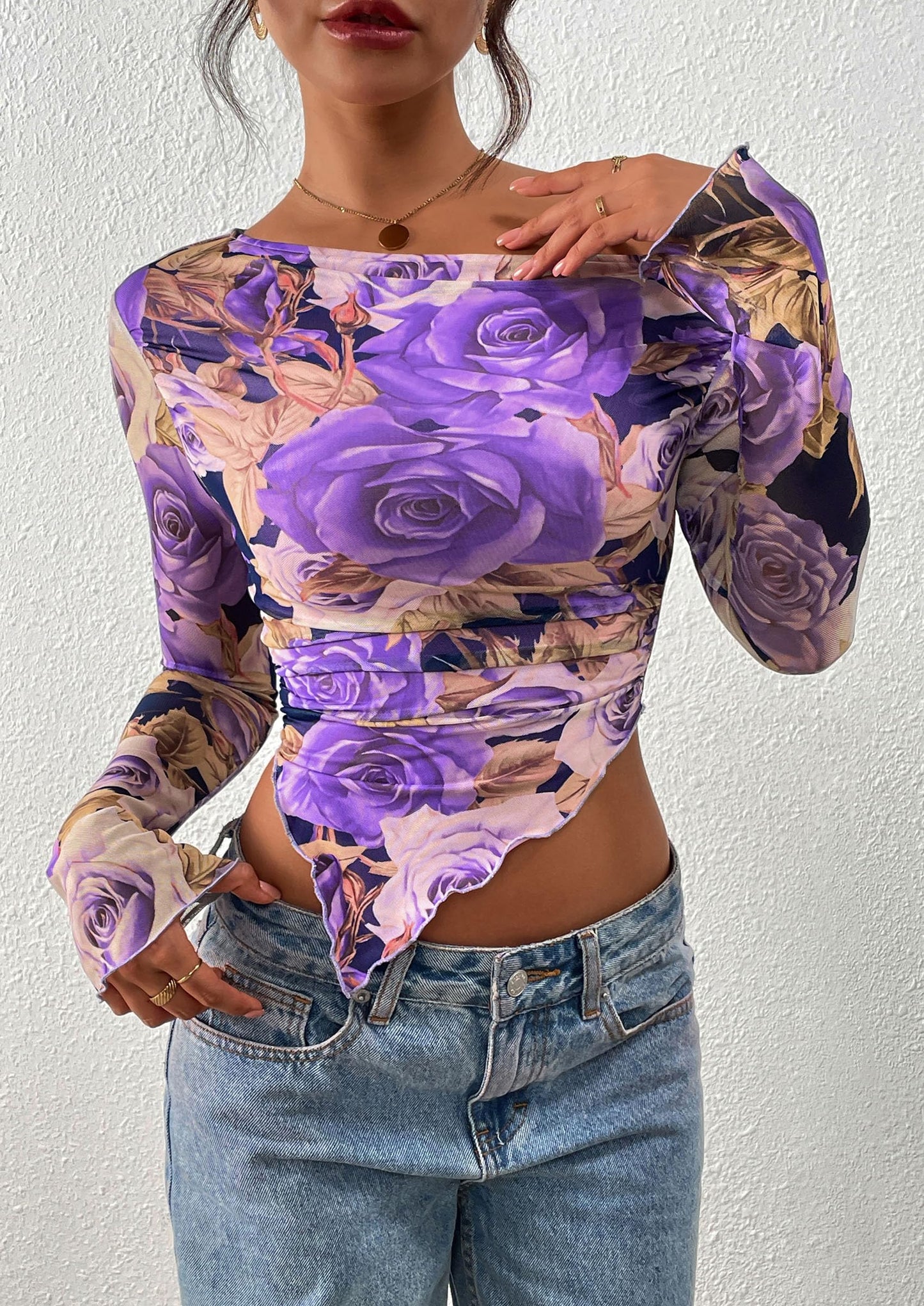 Womens Fall Trendy Off Shoulder Tops Tie Dye Mesh Long Sleeve Shirts Asymmetrical Ruched Floral Blouse