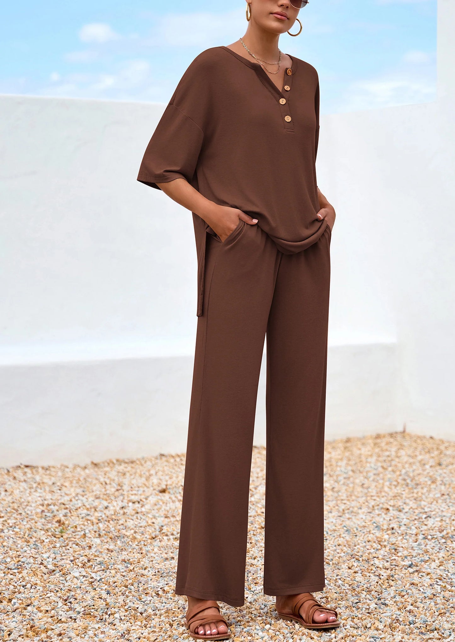 Women's 2 Piece Outfits Summer Casual V Neck Short Sleeve Tops Wide Leg Pants Matching Lounge Sets