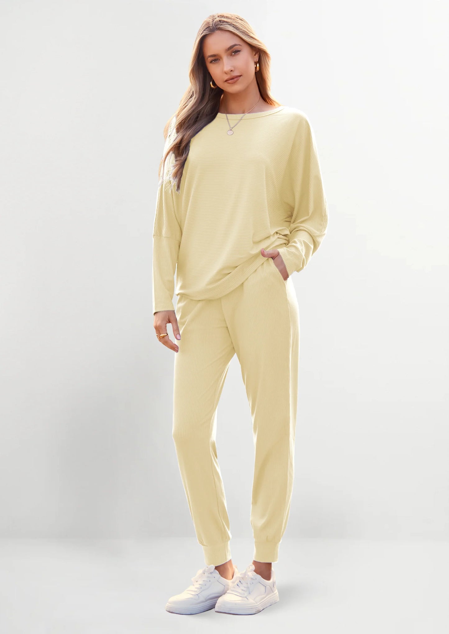 Women's Fall 2 Piece Lounge Set Long Sleeve Tops Ribbed Pants Spring Matching Sweatsuit Travel Outfits Clothes