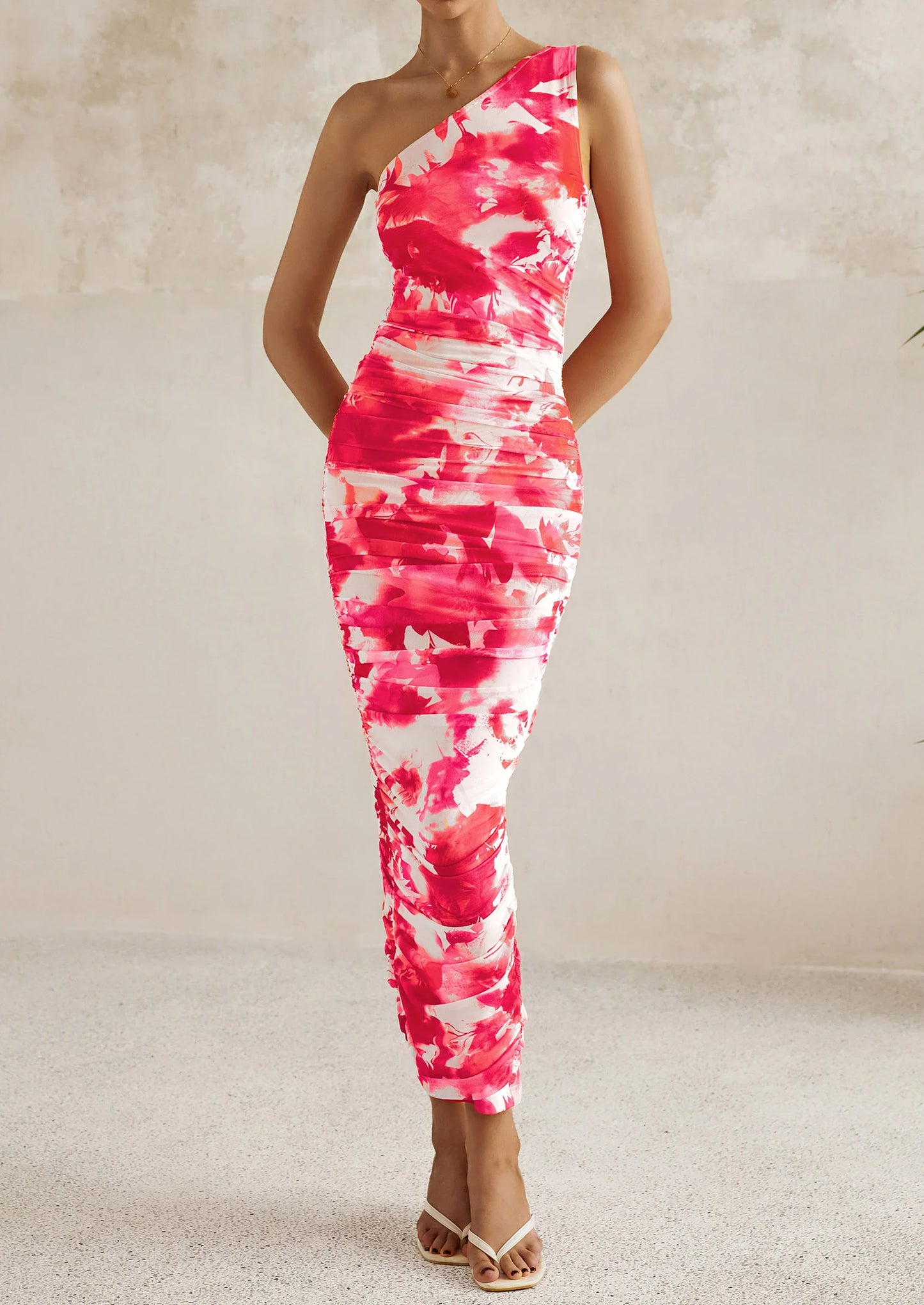 Women's One Shoulder Bodycon Dresses Ruched Floral Beach Cocktail Wedding Guest Dress
