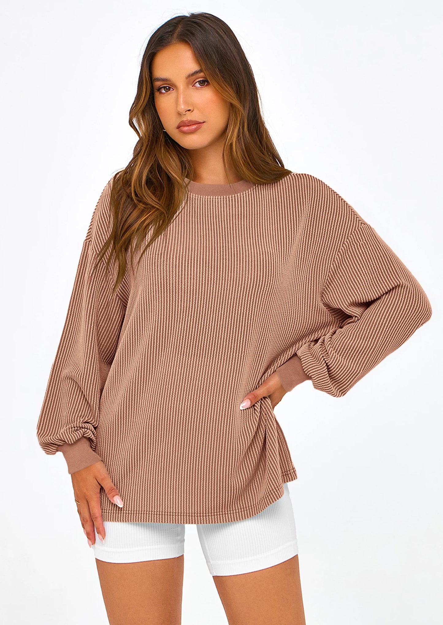 Women's Long Sleeve Tee Shirts Spring Fall Trendy Clothes Casual Loose Crewneck Ribbed Blouse Tunic Tops