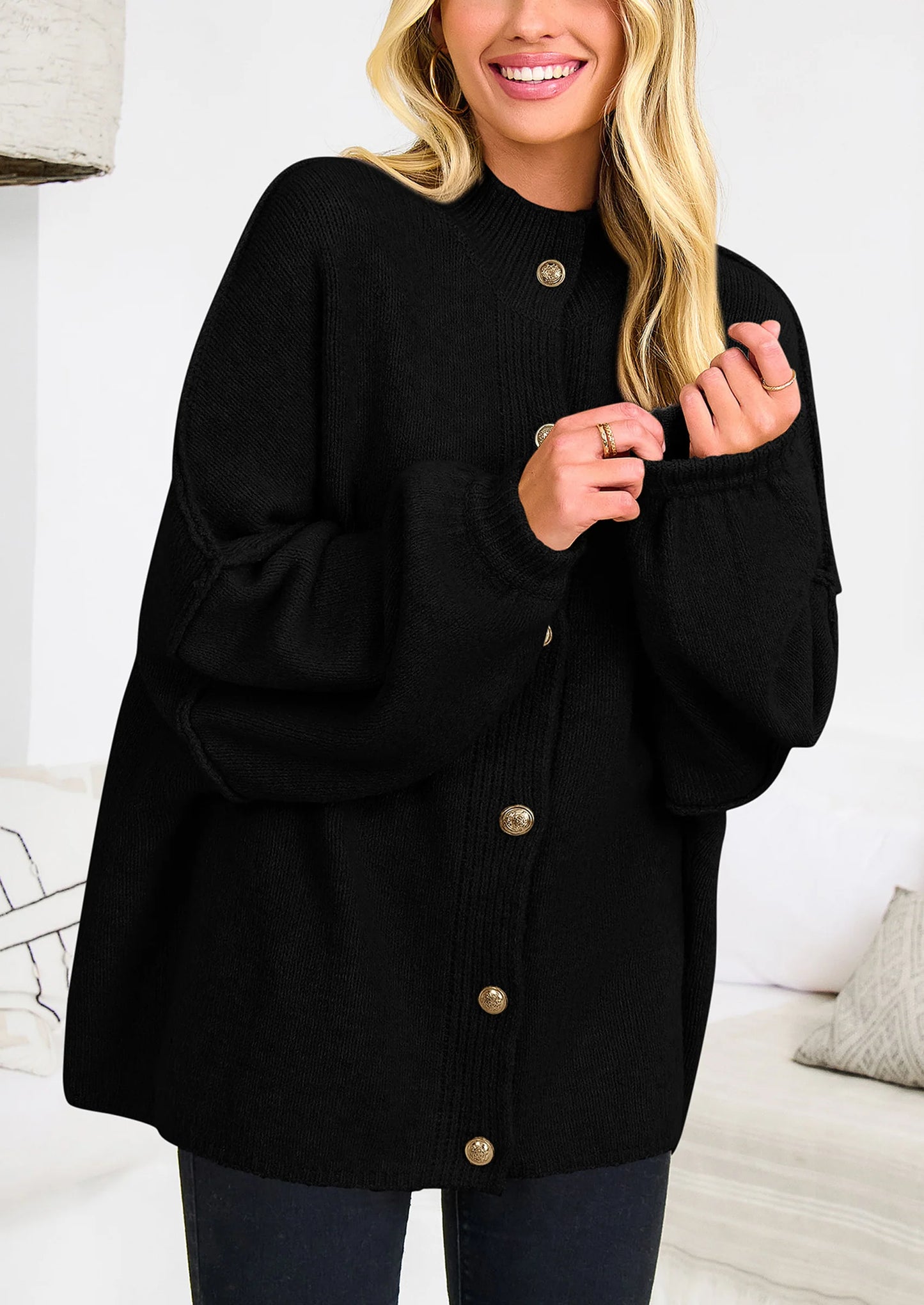 Women's Winter Button Down Cardigan Sweaters Mock Neck Lantern Long Sleeve Chunky Knit Jacket Trendy Outerwear