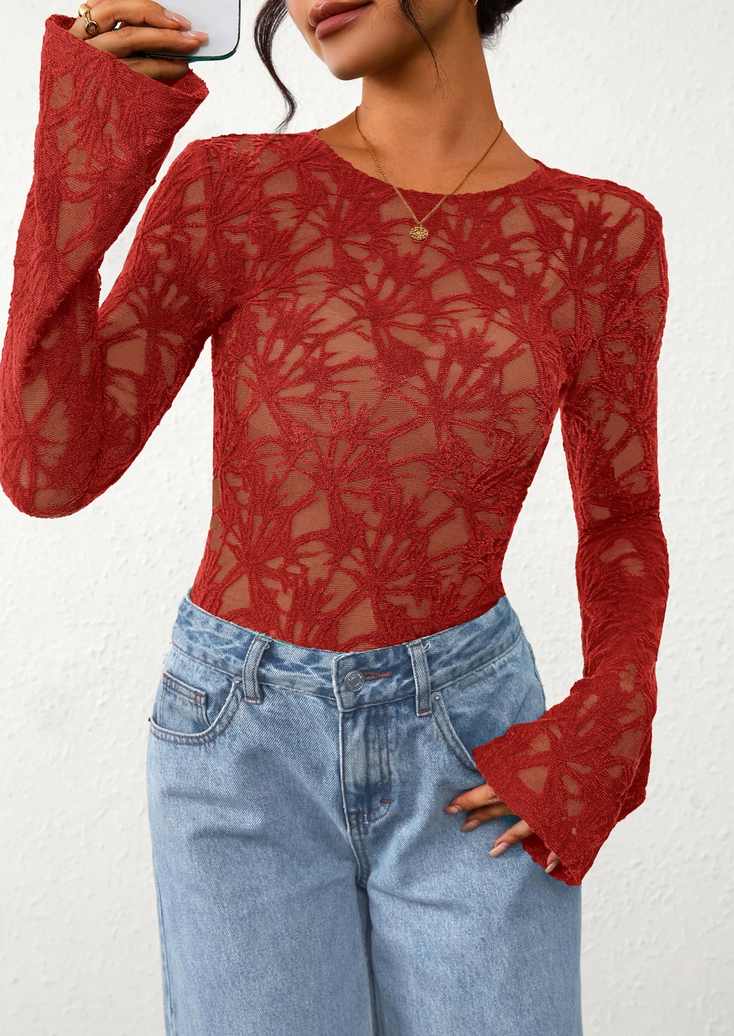 Womens Lace Long Bell Sleeve Tops Fall Sexy See Through Sheer Floral Blouse Shirt Fitted Going Out Outfits