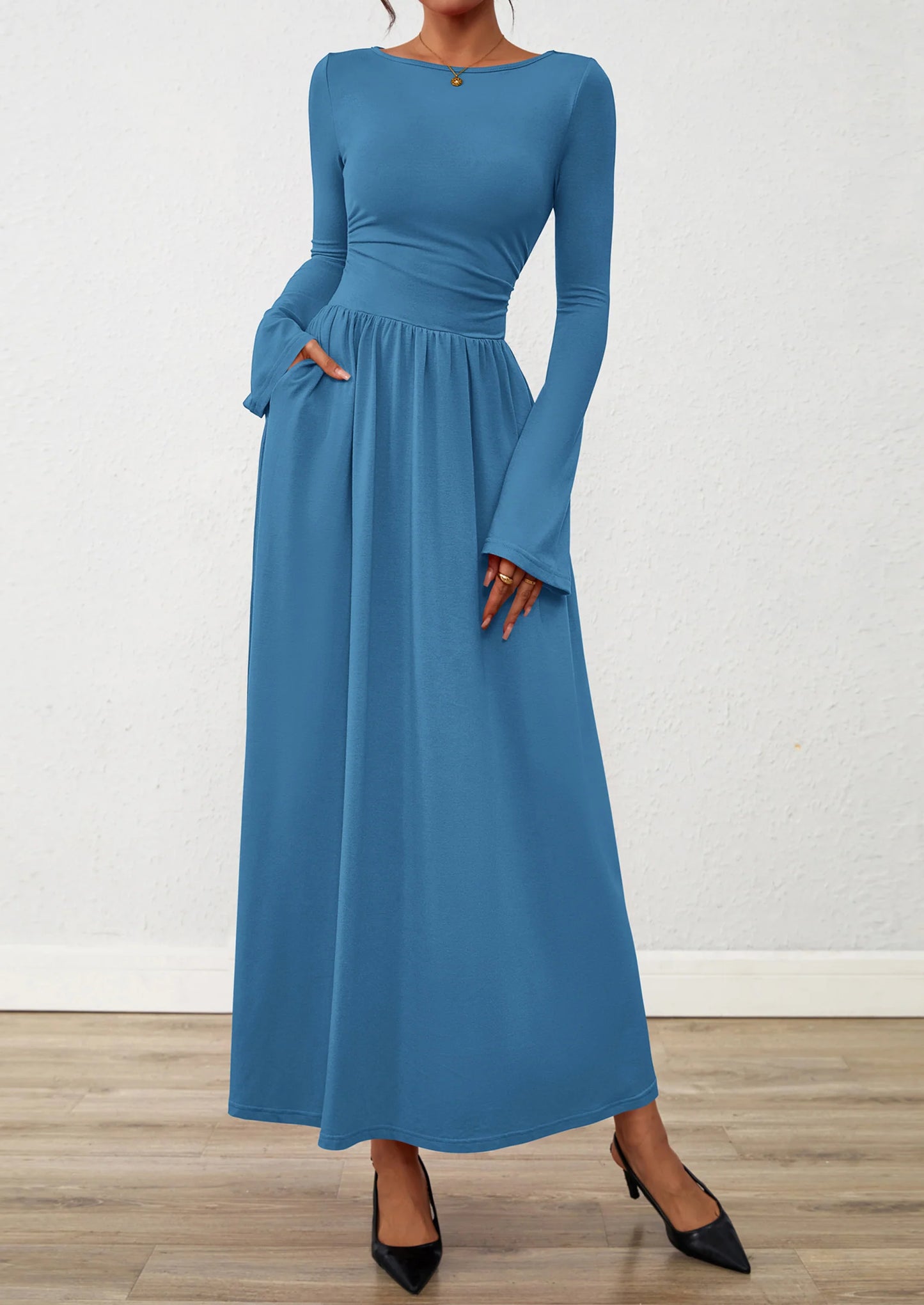 BTFBM Long Sleeve Maxi Dresses for Women Fall Casual Ruched Boat Neck Flowy Elegant Formal Wedding Guest Dress