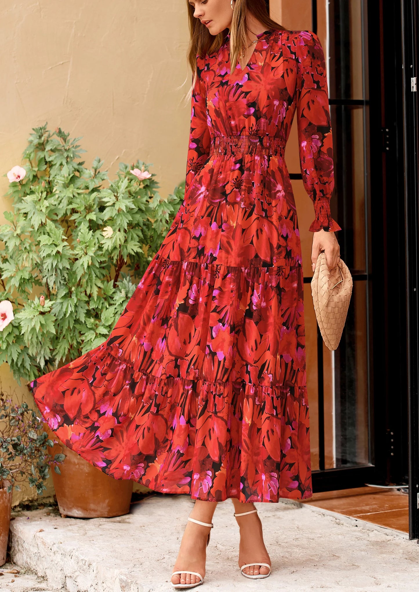 Women's Floral Maxi Dress Spring Long Sleeve V Neck Casual A Line Long Flowy Boho Party Dresses