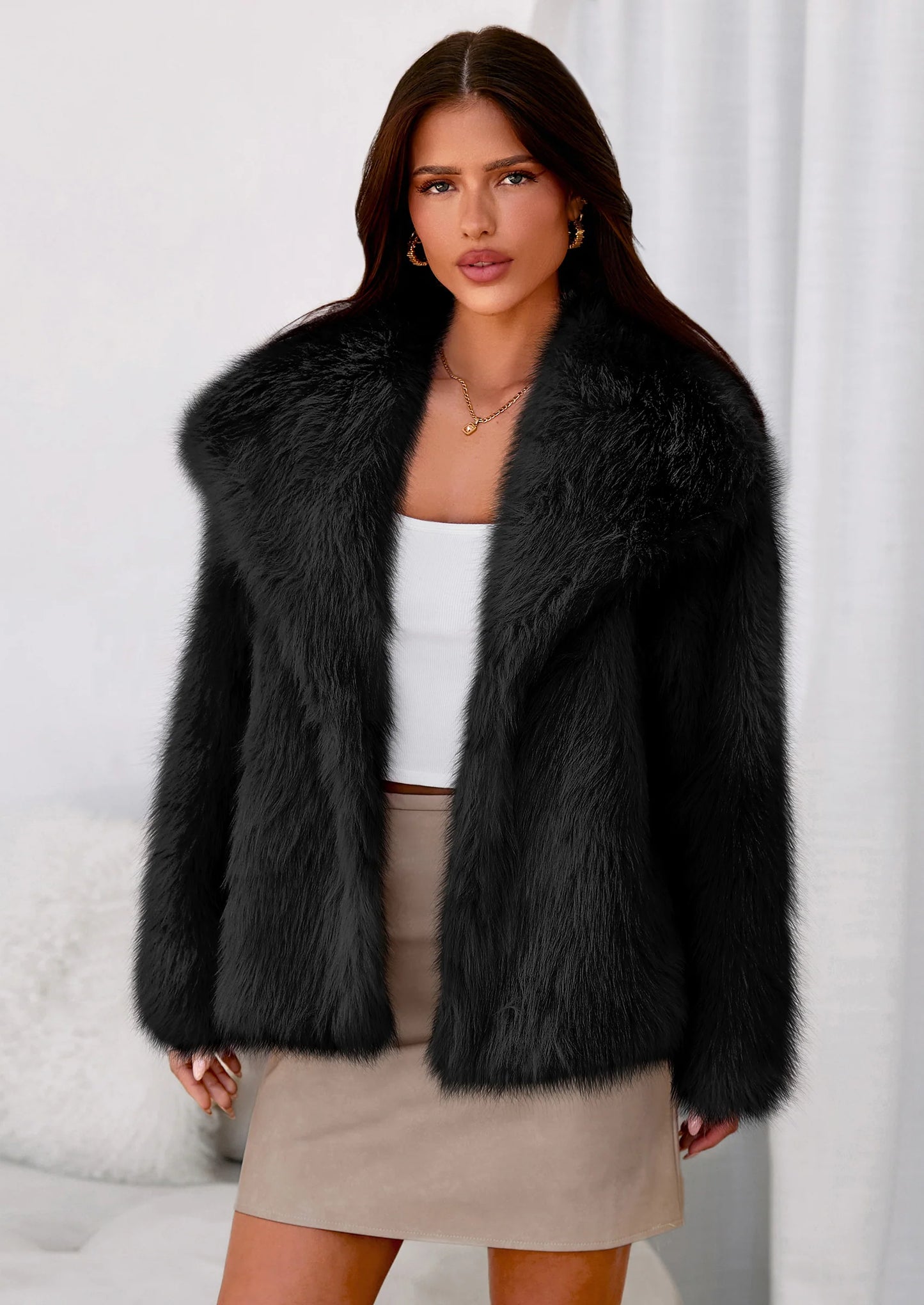 Womens Winter Coats Trendy Long Sleeve Furry Faux Fur Jackets Button Lapel Warm Fall Outwear with Pockets