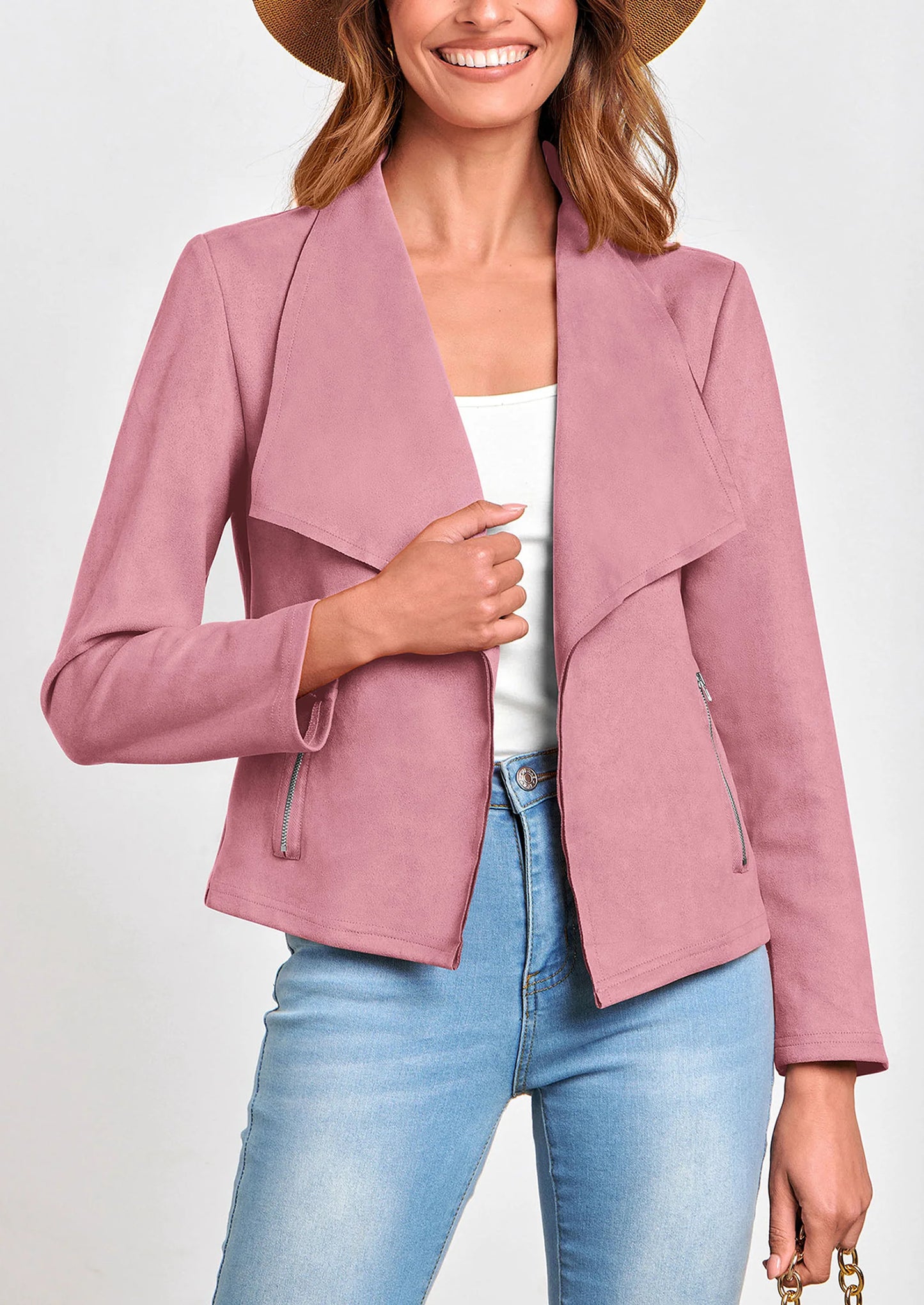 Women's Faux Suede Jackets Fashion Fall Clothes Long Sleeve Open Front Cropped Coat Outwear