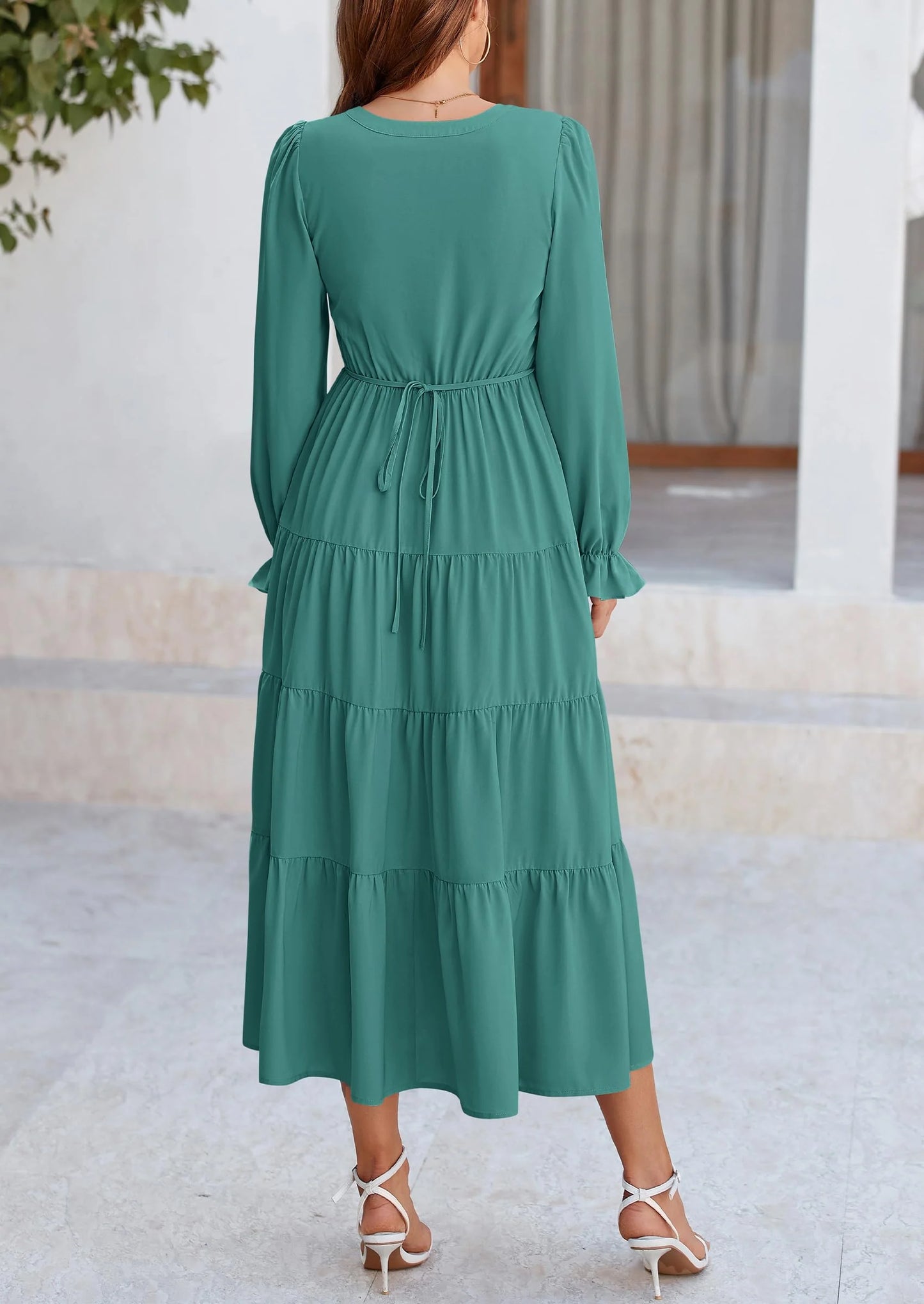 Women Fall Long Sleeve Smocked Maxi Dress Casual Square Neck Swiss Dot Tiered Ruffle Flowy Spring Pocket Dresses