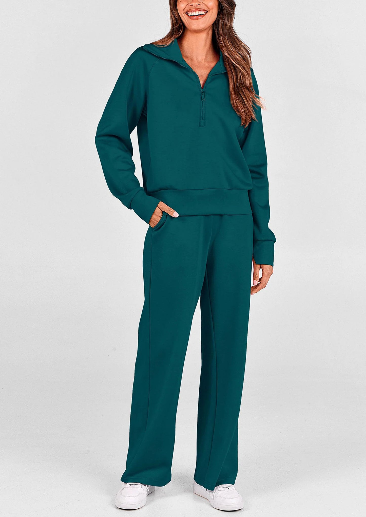 Women's 2 Piece Outfits Casual Lapel Half Zip Sweatshirts And Wide Leg Pants Tracksuit Sets