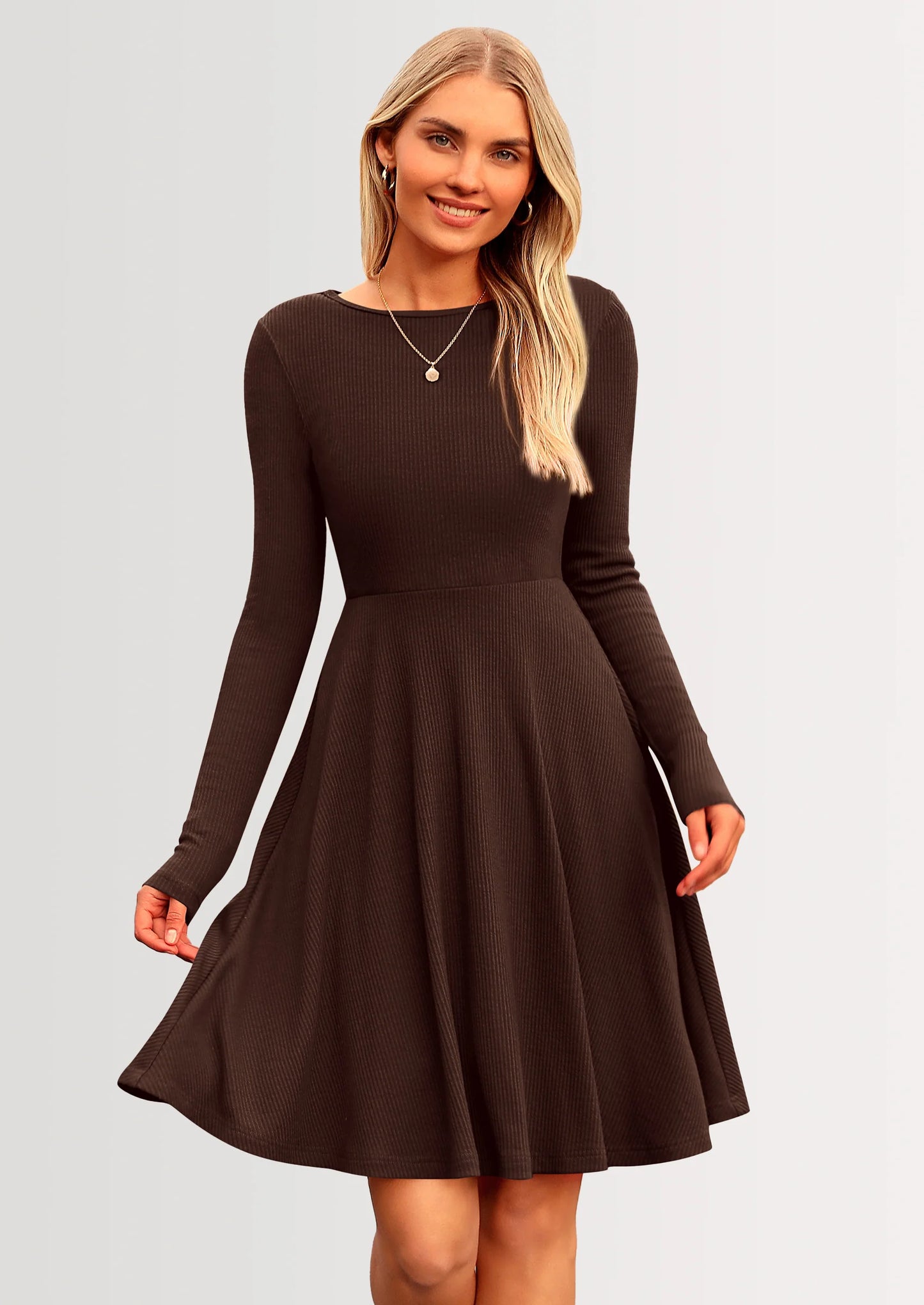 Women's Spring Fall Short Dress Ribbed Knit Crewneck Long Sleeve A Line Flowy Casual Elegant Going Out Dresses