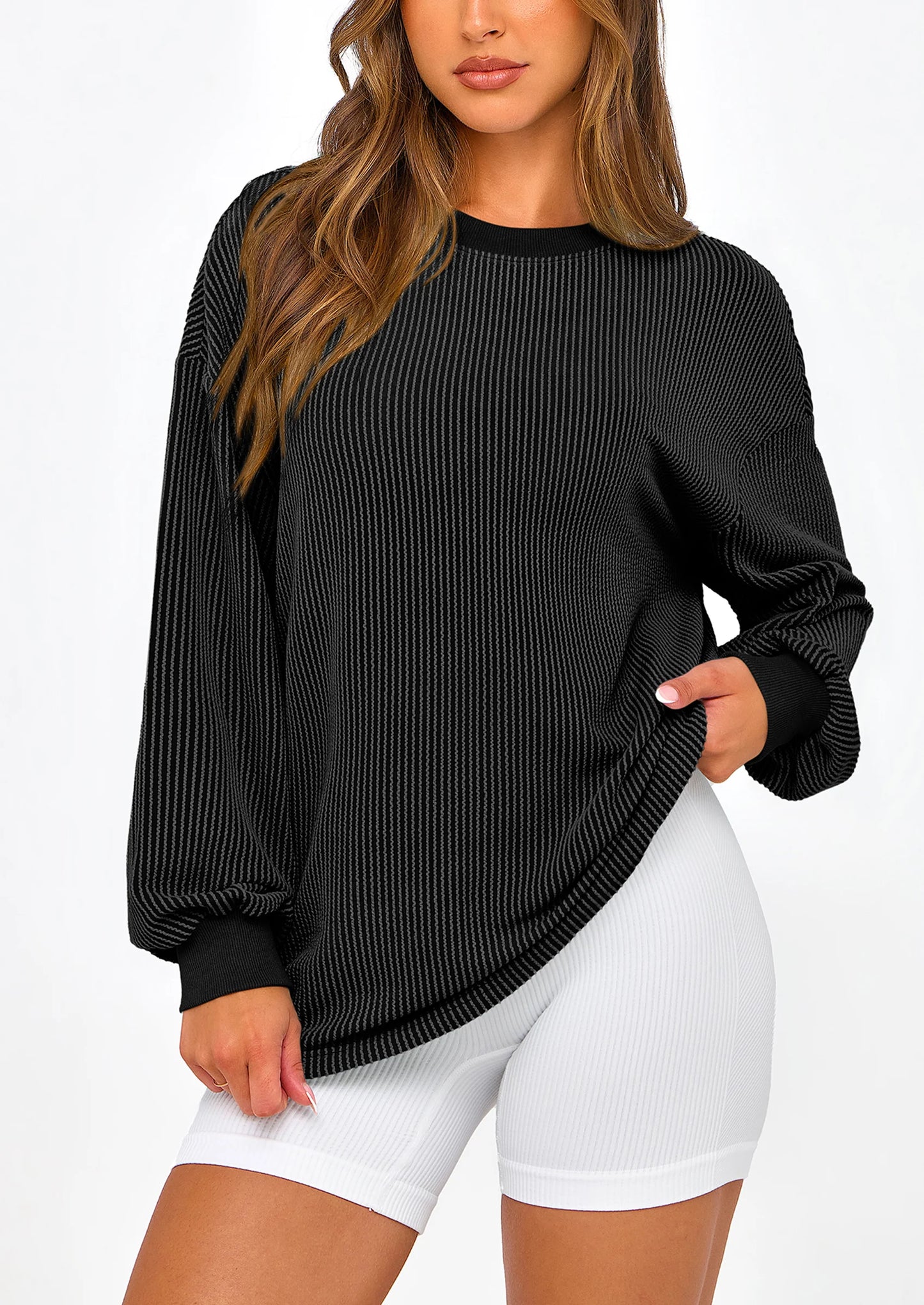Women's Long Sleeve Tee Shirts Spring Fall Trendy Clothes Casual Loose Crewneck Ribbed Blouse Tunic Tops