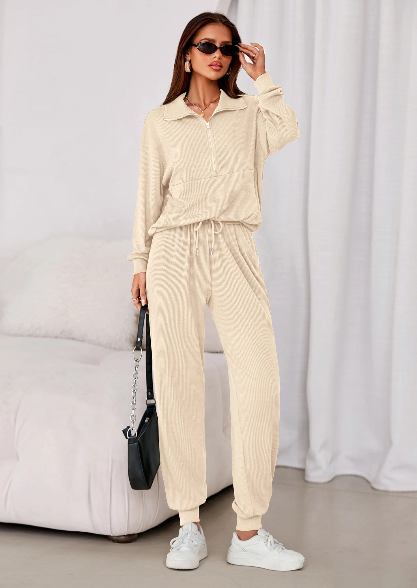 Women's Fall 2 Piece Lounge Sets Zip Up Sweatshirt Jogger Pants Sweat Track Suits Travel Outfit Winter Clothing