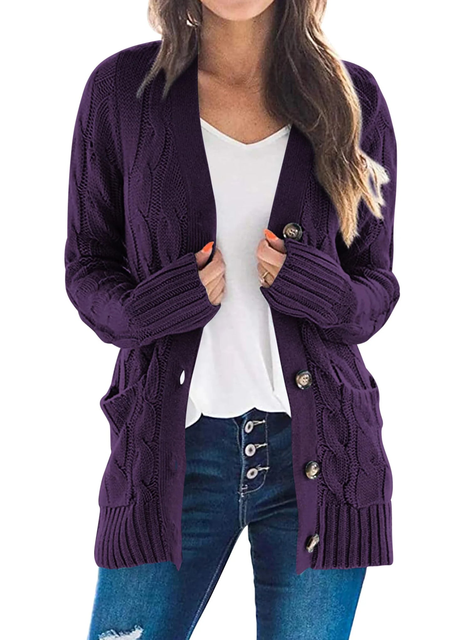 Women's Open Front Cardigan Sweaters Fall Fashion Button Down Cable Knit Chunky Winter Outerwear Coats