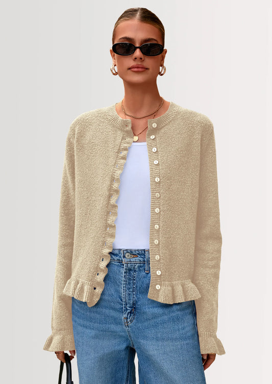Womens Fall Button Down Cardigans Chunky Knit Ruffle Open Front Cropped Cardigan Sweaters Soft Long Sleeve Tops