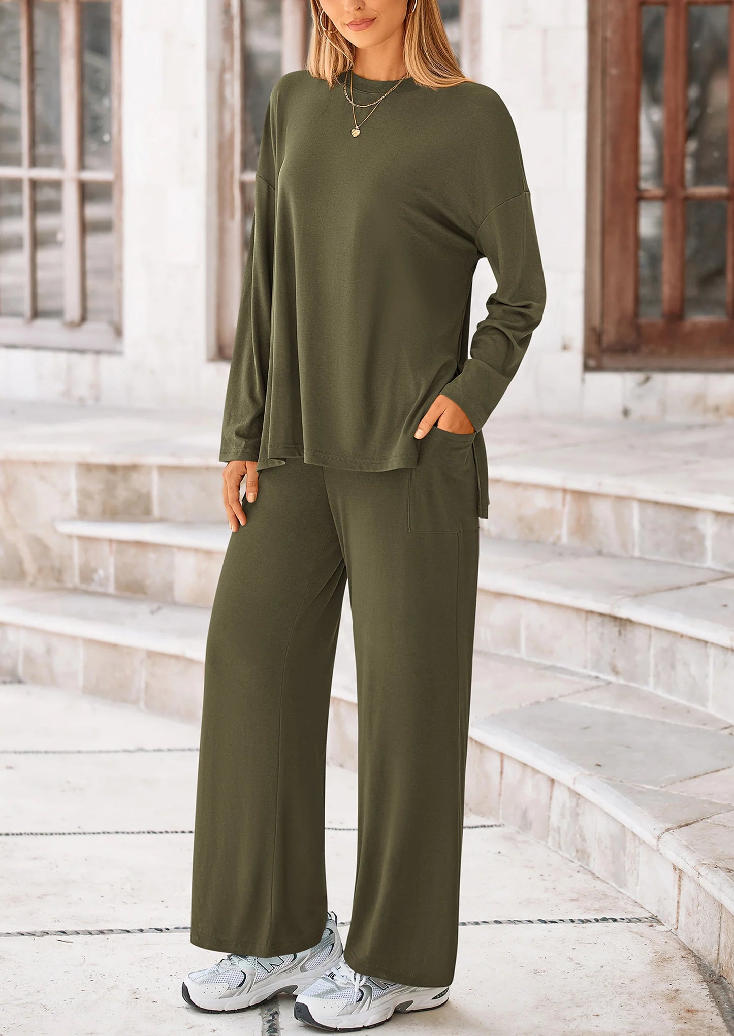 Women's Two Piece Lounge Sets Matching Long Sleeve Shirts Wide Leg Pants Tracksuits Travel Outfits Fall Clothes
