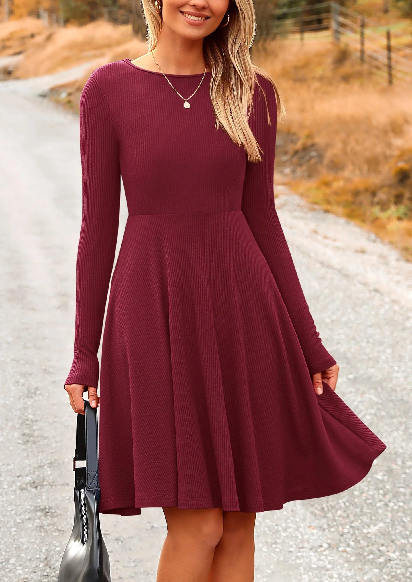 Women's Spring Fall Short Dress Ribbed Knit Crewneck Long Sleeve A Line Flowy Casual Elegant Going Out Dresses