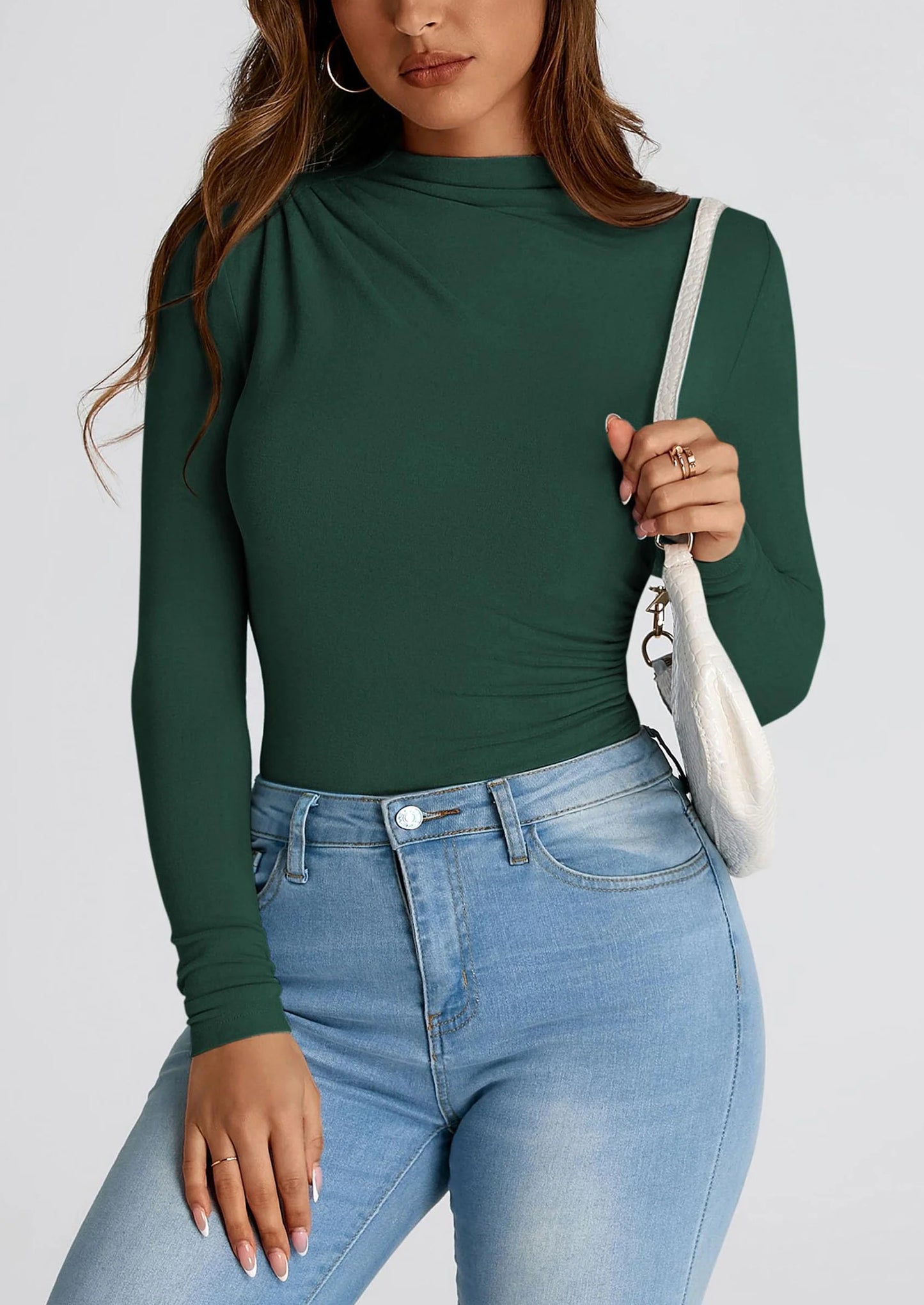 Womens Fall Y2K Going Out Crop Tops Long Sleeve Mock Neck Ruched Slim Fitted Basic Trendy Casual T Shirts Blouse