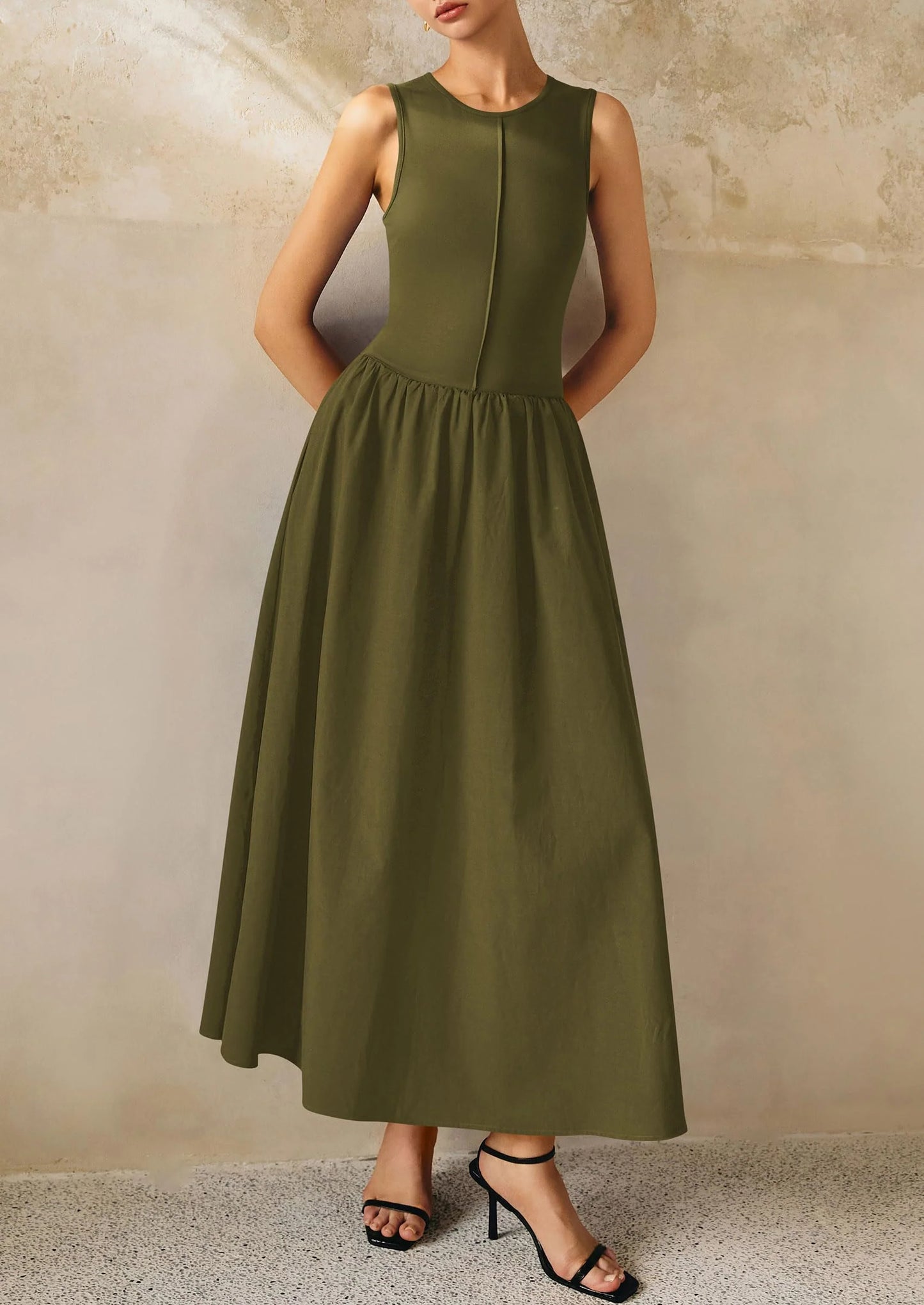 Women Maxi Dresses Casual Sleeveless Patchwork Knit Tank Dress Flowy Beach Sundress Long Dress
