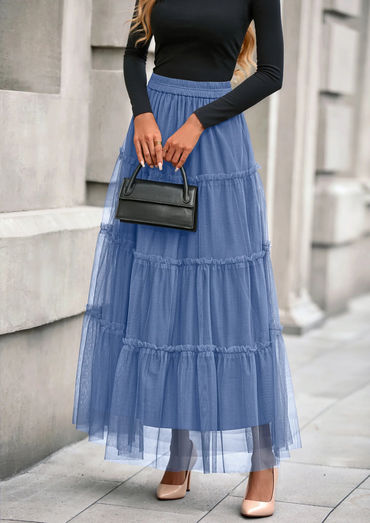 Maxi Skirts for Women Fall Tulle High Waisted Ruffle Flowy A-Line Long Skirt Country Concert Outfits