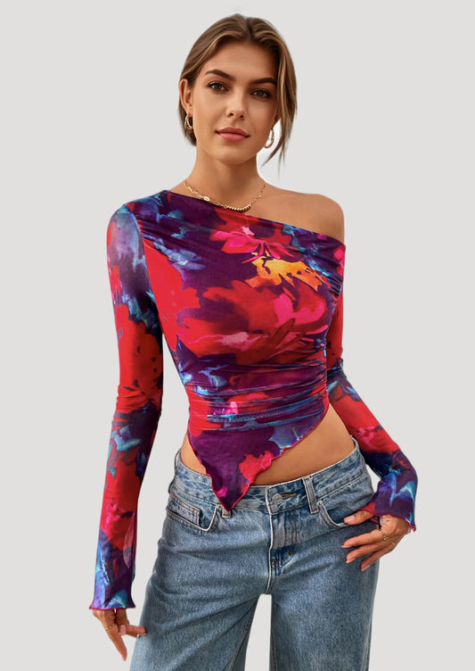 Womens Fall Trendy Off Shoulder Tops Tie Dye Mesh Long Sleeve Shirts Asymmetrical Ruched Floral Blouse