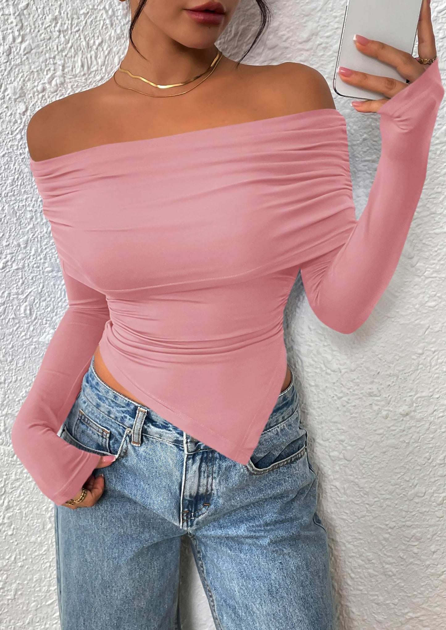 Women's Long Sleeve Shirts Off Shoulder Tops Going Out Slim Fitted Y2K Blouses Fall Fashion Clothes