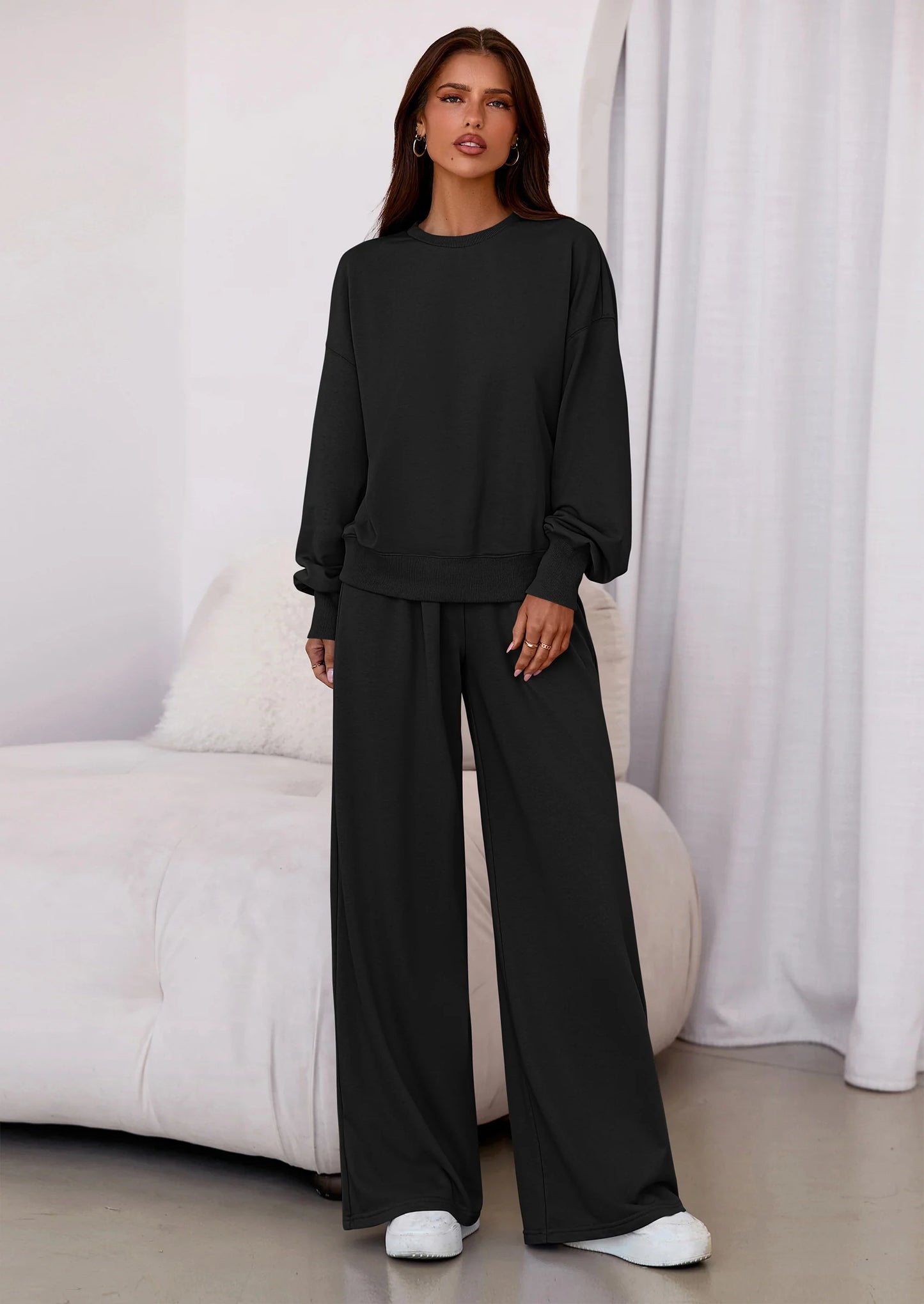 Womens 2 Piece Sets Long Sleeve Sweatshirt Wide Leg Pants Loose Matching Lounge Set Trendy Fall Outfits