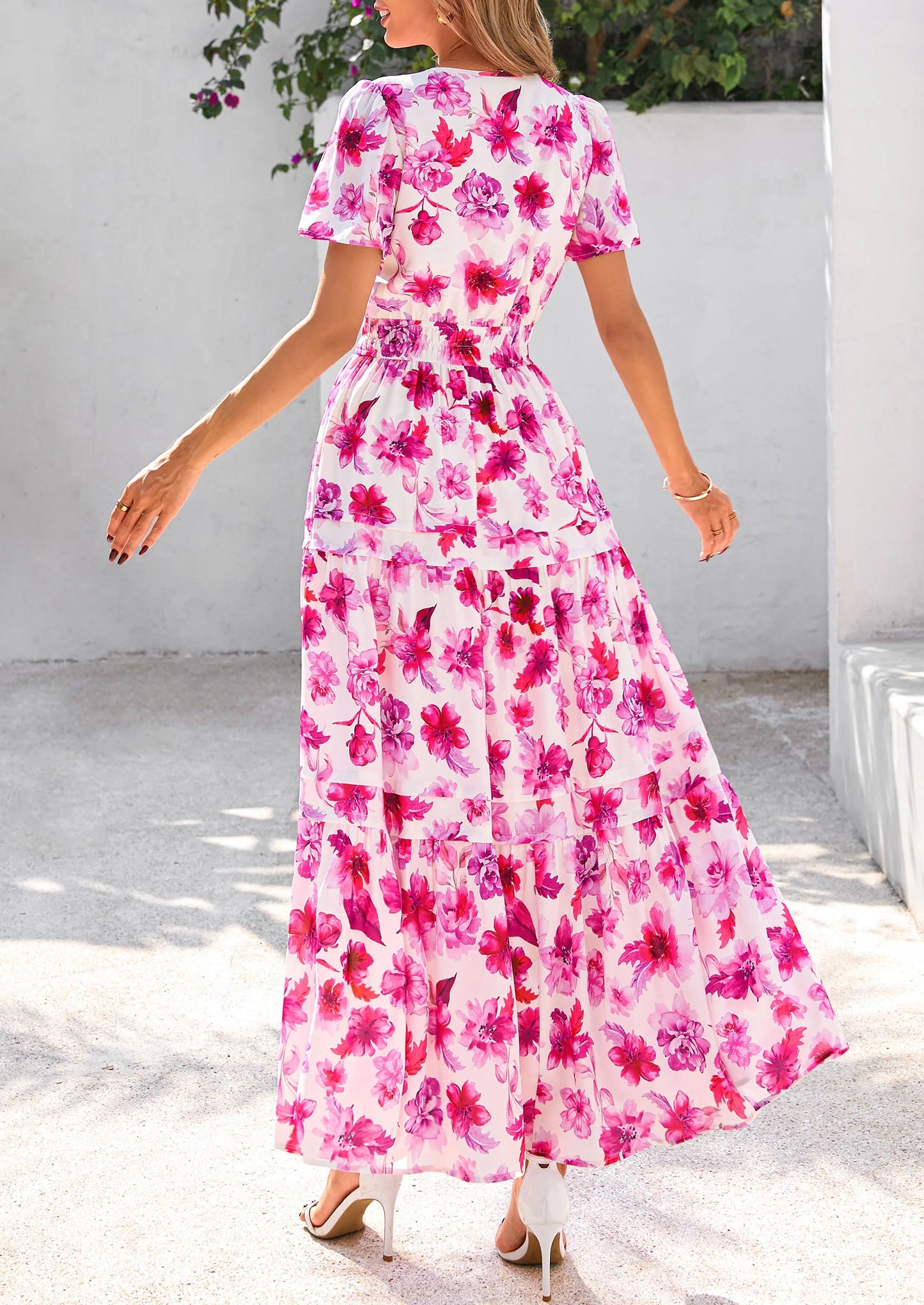 Women's Boho Maxi Dresses Floral Short Sleeve V Neck A Line Tiered Flowy Long Beach Vacation Dress