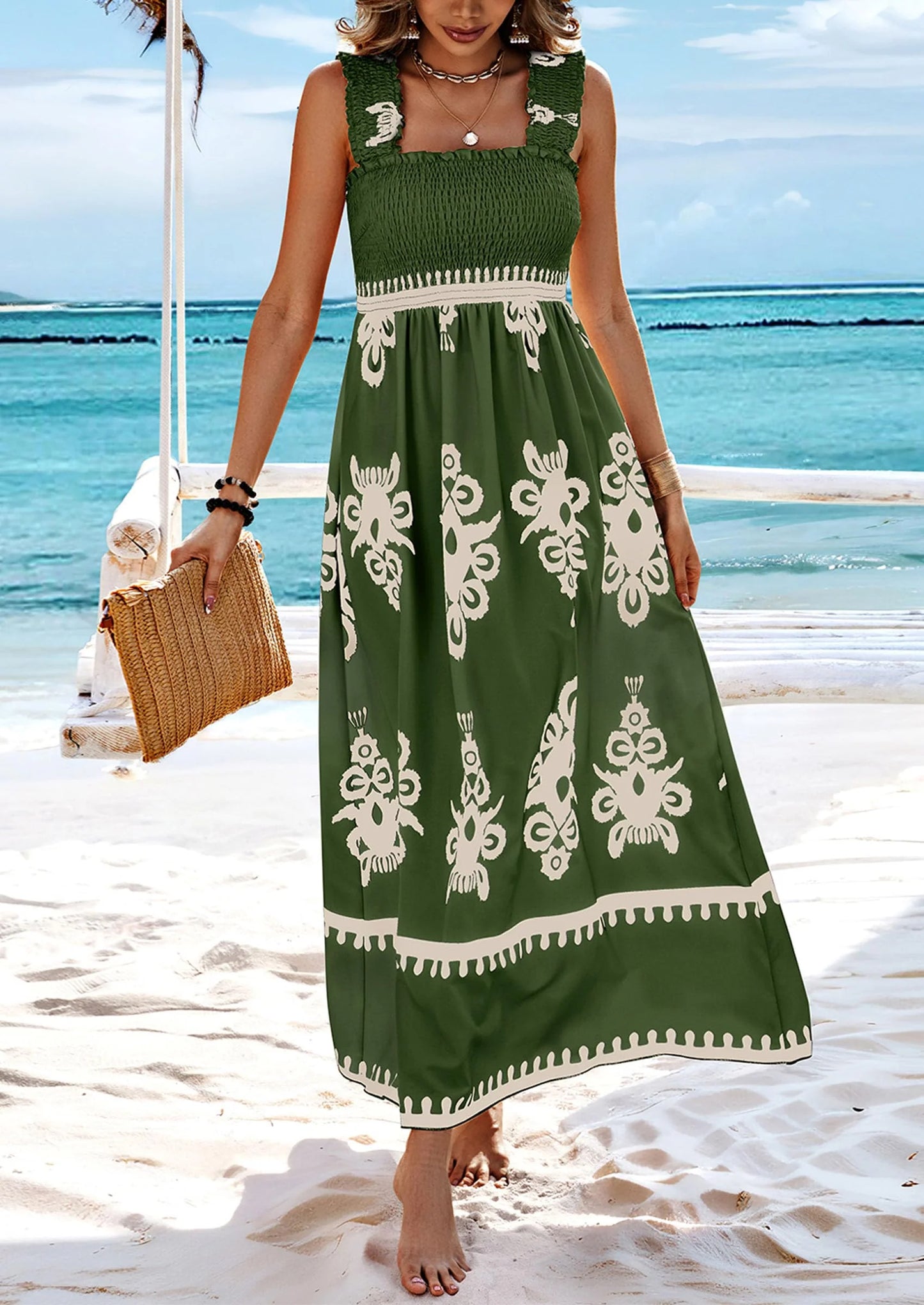 Womens Summer Boho Maxi Dress Casual Sleeveless Square Neck Floral Aline Smocked Beach Dresses with Pockets