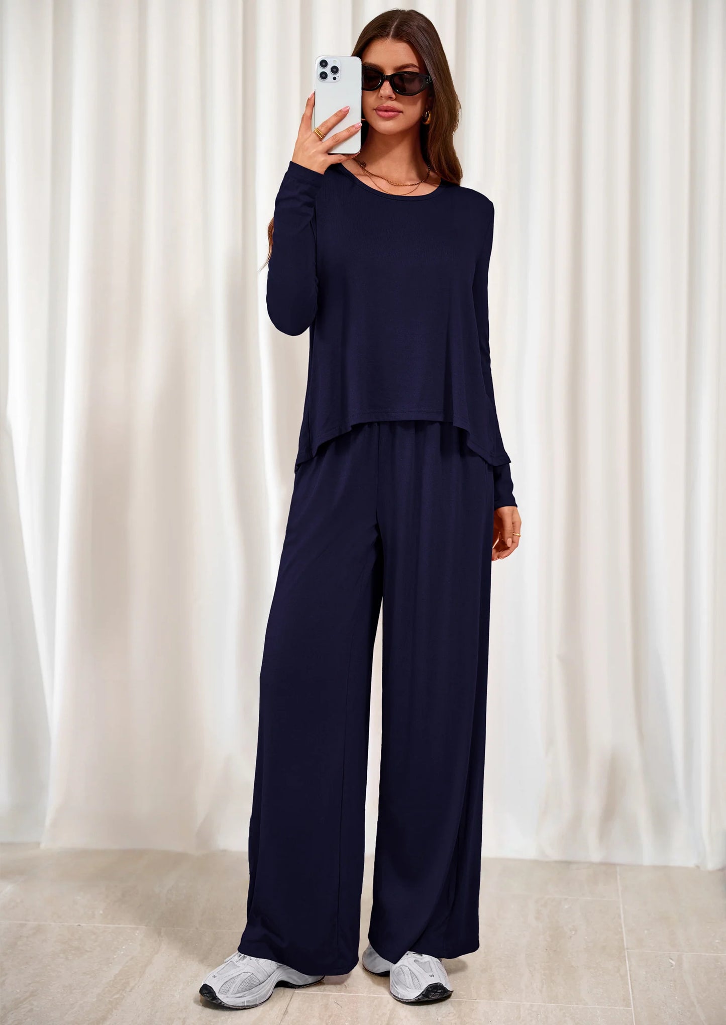 Women's 2 Piece Fall Sets  Casual Long Sleeve Shirts Wide Leg Pants Lounge Travel Outfits Fashion Clothing