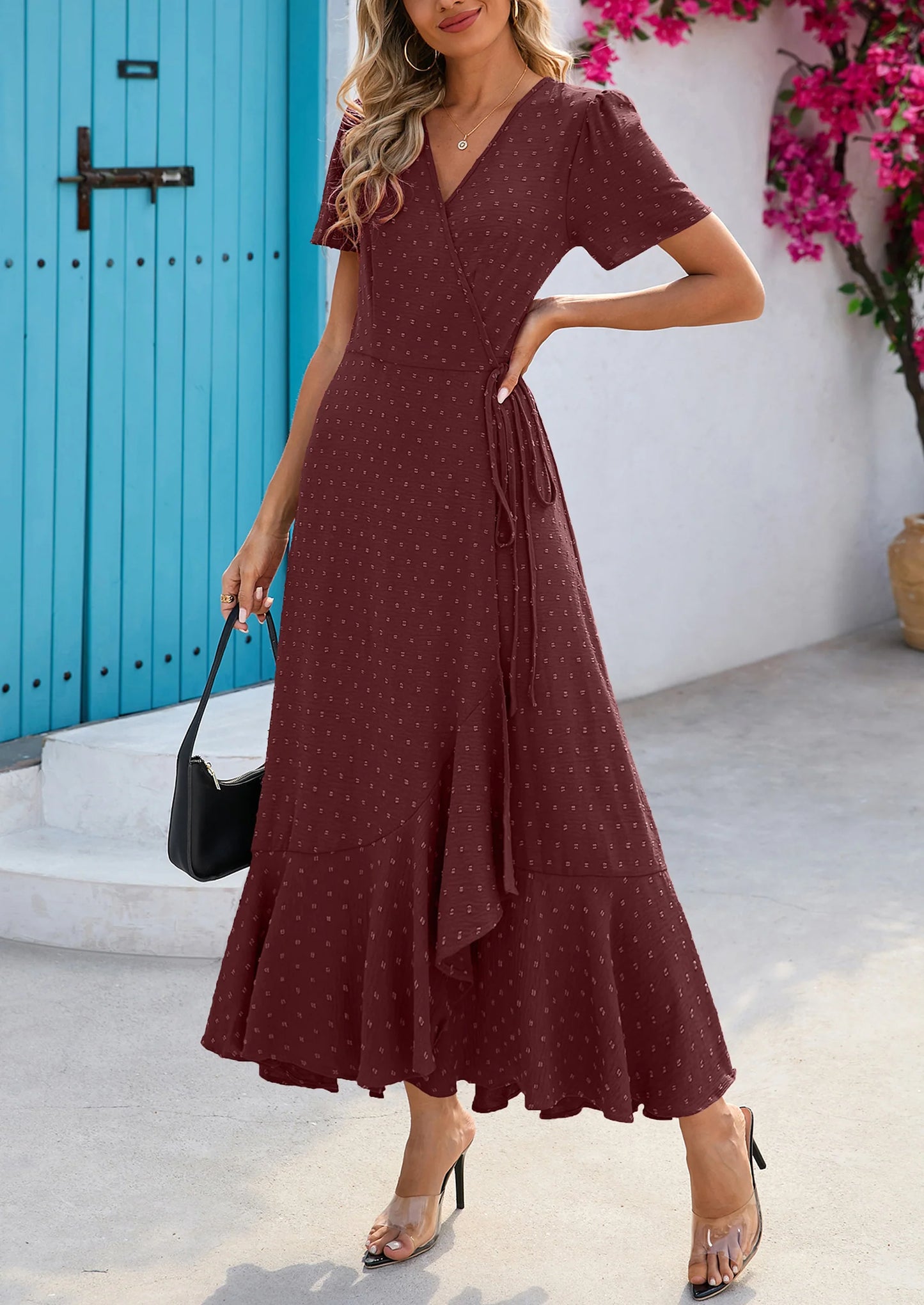 Women's Summer Maxi Dress Casual Wrap Floral Boho Short Sleeve V Neck Split Ruffle Beach Long Dresses