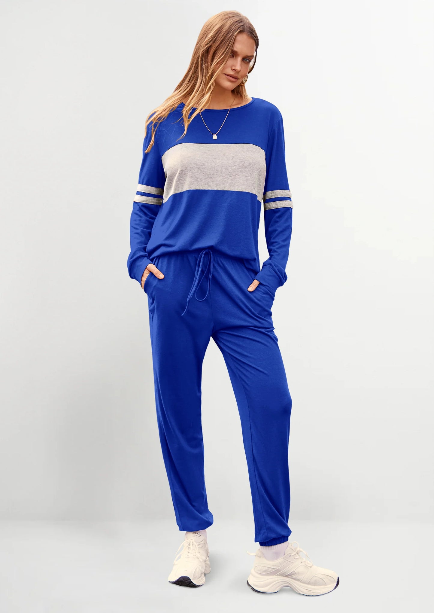 Women's Color Block 2 Piece Spring Tracksuit Crewneck Long Sleeve Tops Long Sweatpants Outfits Lounge Sets