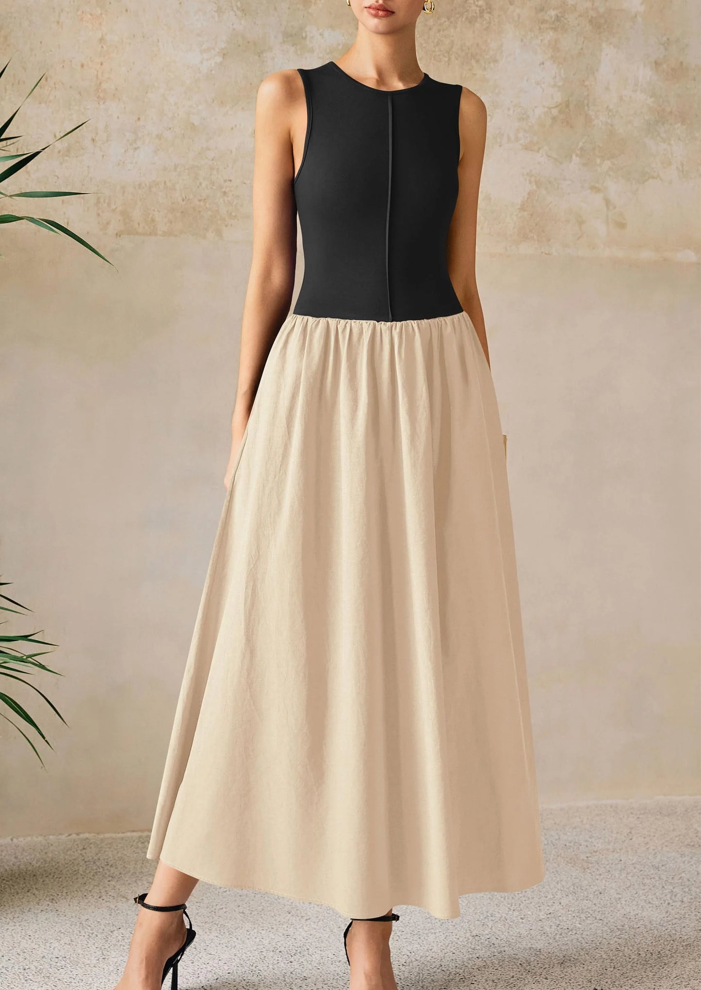 Women Maxi Dresses Casual Sleeveless Patchwork Knit Tank Dress Flowy Beach Sundress Long Dress