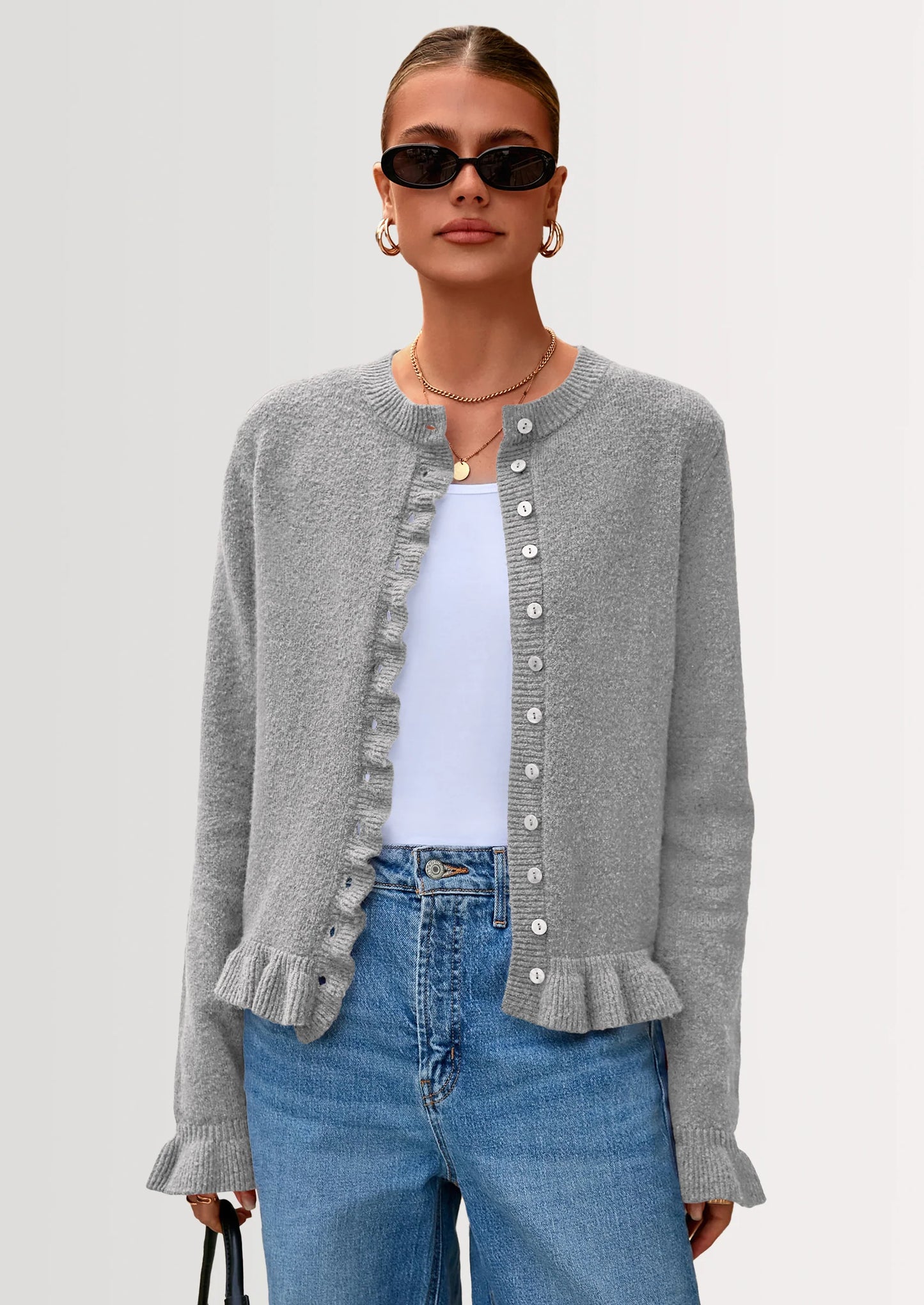 Womens Fall Button Down Cardigans Chunky Knit Ruffle Open Front Cropped Cardigan Sweaters Soft Long Sleeve Tops