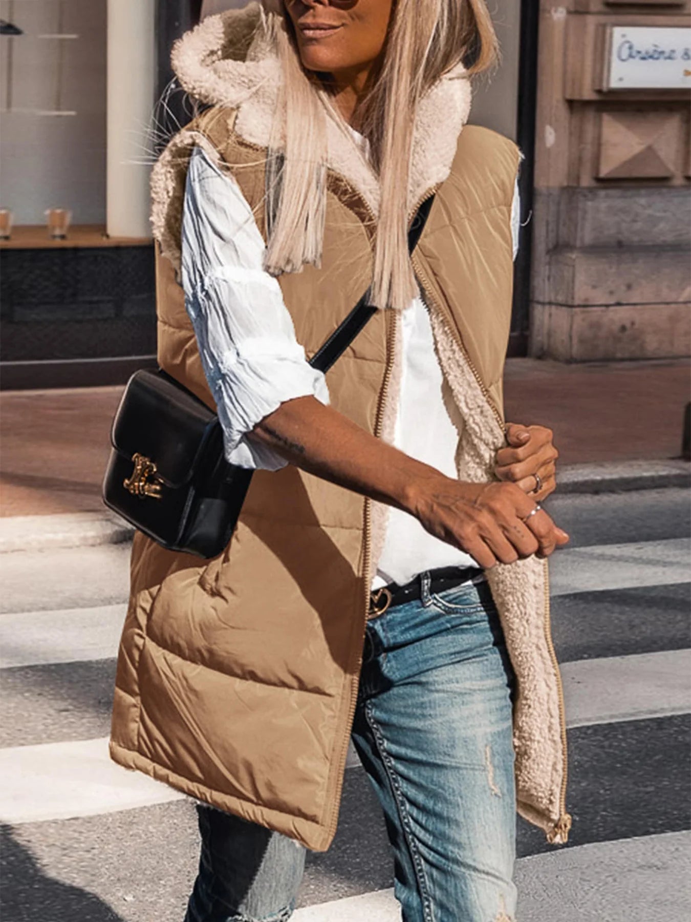 Womens Fall Reversible Vests Sleeveless Fleece Jacket Zip Up Hoodie Pockets Long Warm Winter Coat Outerwear